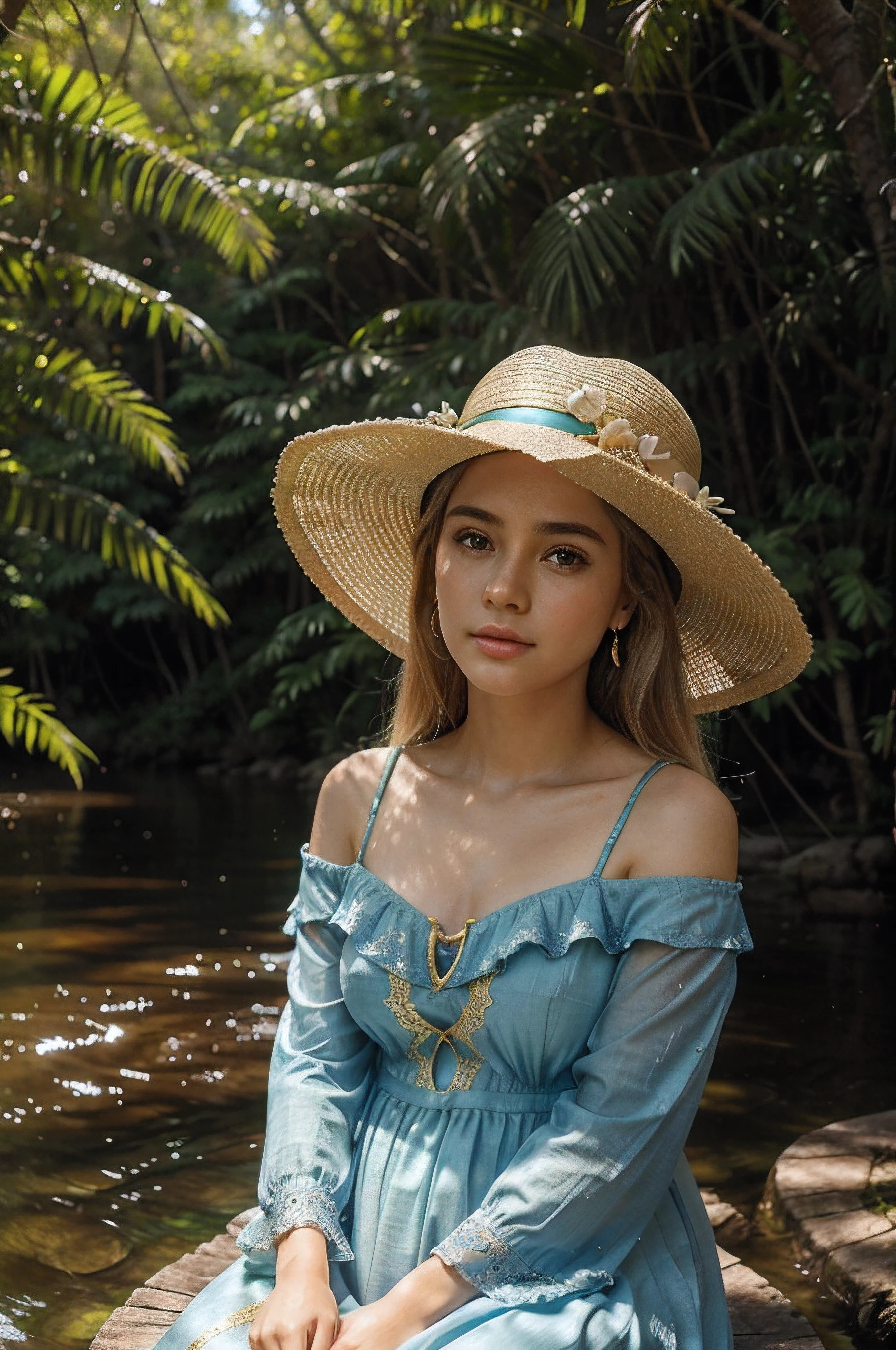 uma ,beautiful face,Olhos brilhantes bonitos,longos cabelos loiros,Wearing a large-brimmed hat、Golden hair accessories and star earrings,Um lindo vestido azul,The dress is decorated with gold patterns and lace finish。Sit quietly at the water's edge in the forest,A floresta tem flores, trees and rivers。The sun shines through the trees, casting of gloss stains。The whole forest is sparkling,master part,Best quality at best