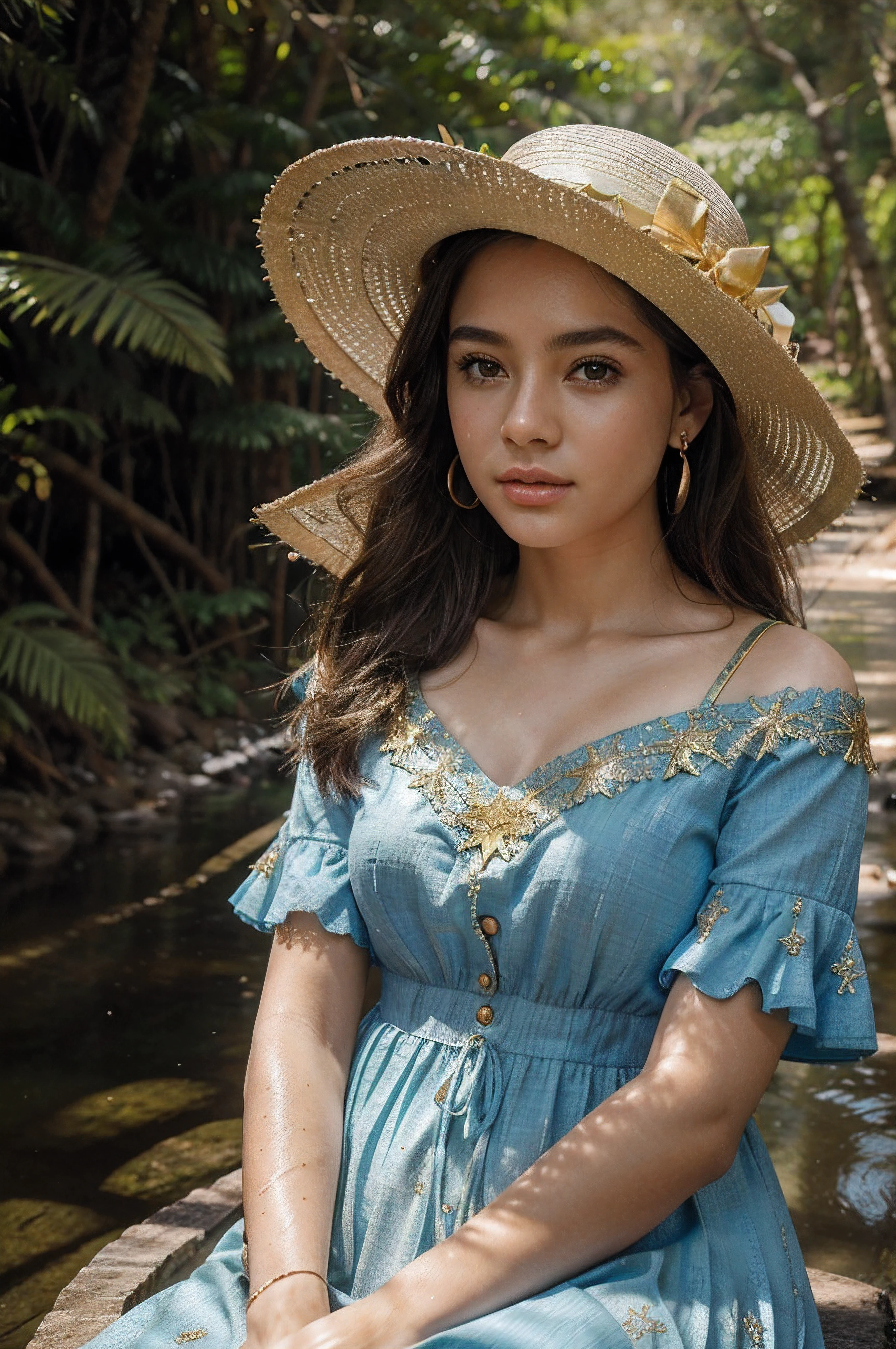 uma menina，beautiful face，Olhos brilhantes bonitos，longos cabelos loiros，Wearing a large-brimmed hat、Golden hair accessories and star earrings，Um lindo vestido azul，The dress is decorated with gold patterns and lace finish。Sit quietly at the water's edge in the forest,A floresta tem flores, trees and rivers。The sun shines through the trees, casting of gloss stains。The whole forest is sparkling,master part，Best quality at best