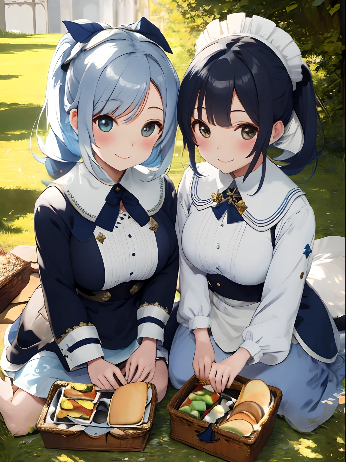 twinsies,Chiquita,Two-tone hair in white and navy blue,Colored leaves,Medieval European style,nobles,Ready Style,Fluffy and fluttering clothes,Stylish atmosphere,eat a sandwich,A smile,Fun picnic,busy,The sun is shining