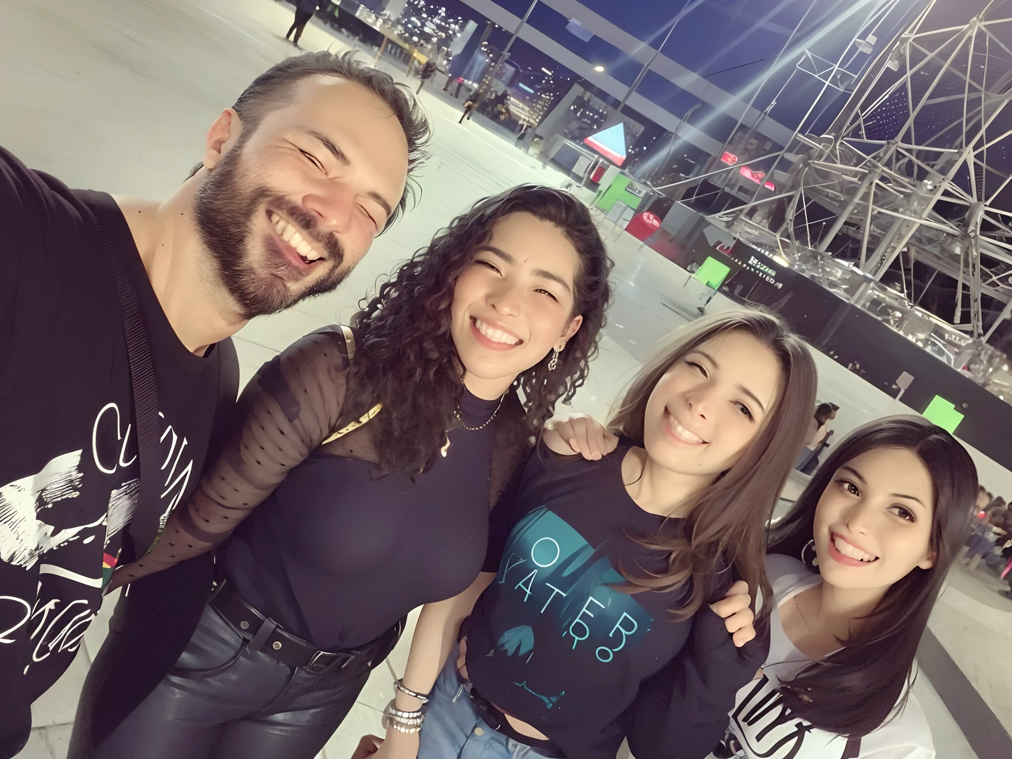 There are three people posing for a photo in front of a Ferris wheel, In Sao Paulo, andrea rocha, Malika Favre, Directed by: Nandor Soldier, no futuro telhado de luz neon, by Amelia Peláez, imagem de perfil, fernanda suarez, Directed by: Felipe Seade, divertindo-se, Parece Fabiula Nascimento
