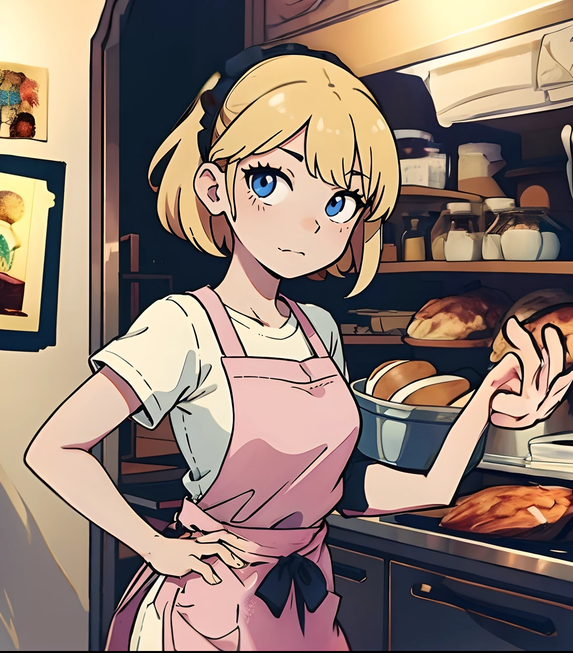 Black headband、pink apron