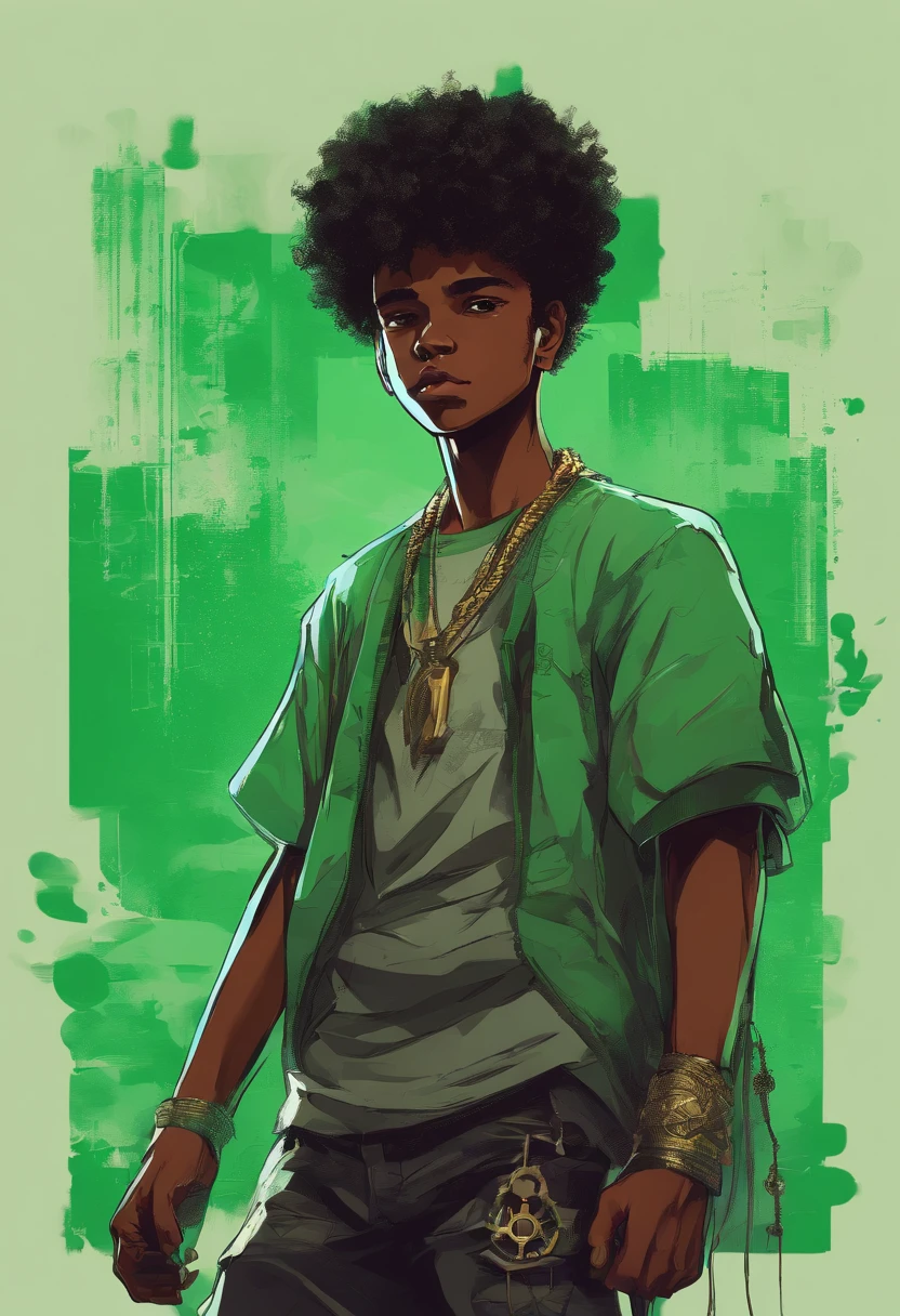 (foco frontal),Anime - style illustration of a boy with an oversize green tank top and chain around his waist, "(best quality,ultra-detalhado),detailed right hand,(Luva sem dedos,Gloved hands), | | |, personagem de anime masculino, Fundo da cidade, Sunset gradient background, Corte de cabelo desbotado, Adolescente negro, Jovem afro-americano, com uma luz verde
