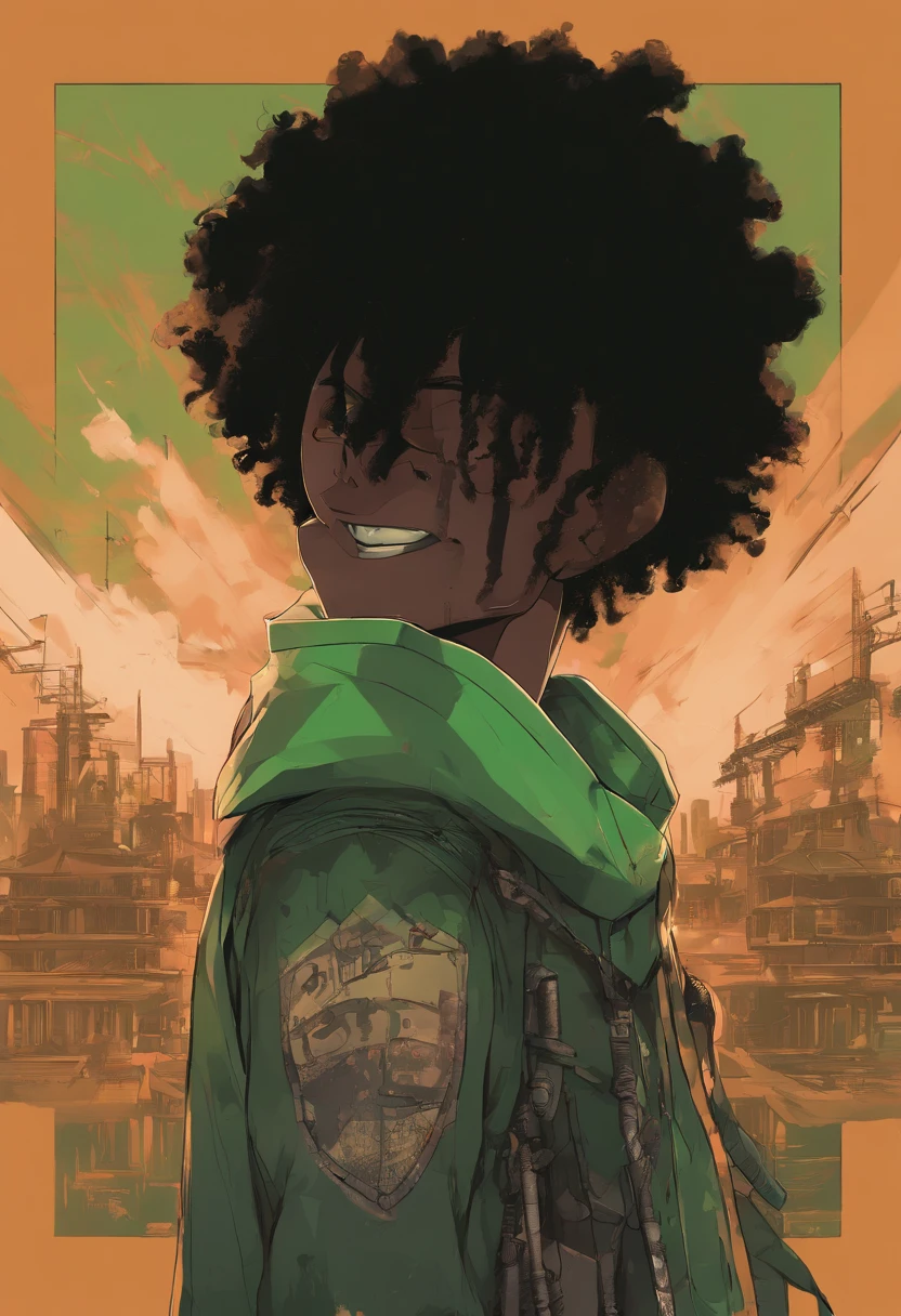 (foco frontal),Anime - style illustration of a boy with an oversize green tank top and chain around his waist, "(best quality,ultra-detalhado),detailed right hand,(Luva sem dedos,Gloved hands), | | |, personagem de anime masculino, Fundo da cidade, Sunset gradient background, Corte de cabelo desbotado, Adolescente negro, Jovem afro-americano, com uma luz verde
