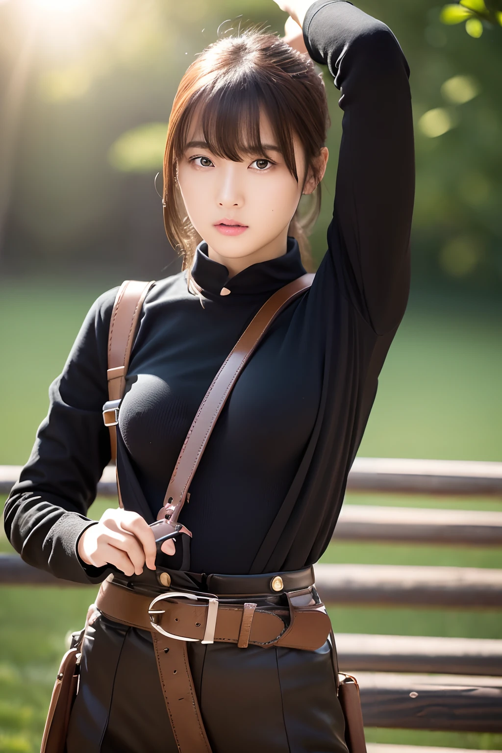 ​masterpiece、flat-colors、depth of fields、lens flare 1 girl、、Brown hair、watching at viewers　　　　a belt　black suspenders　　　large full breasts　　　 　 Armpit sweat　perspiring　Side of both hands　　walls: 　Black pants, Black jacket holster　arm　Leg holster　　　arma　Gaze　　　Small face　Bangs Upper Eyes　flank