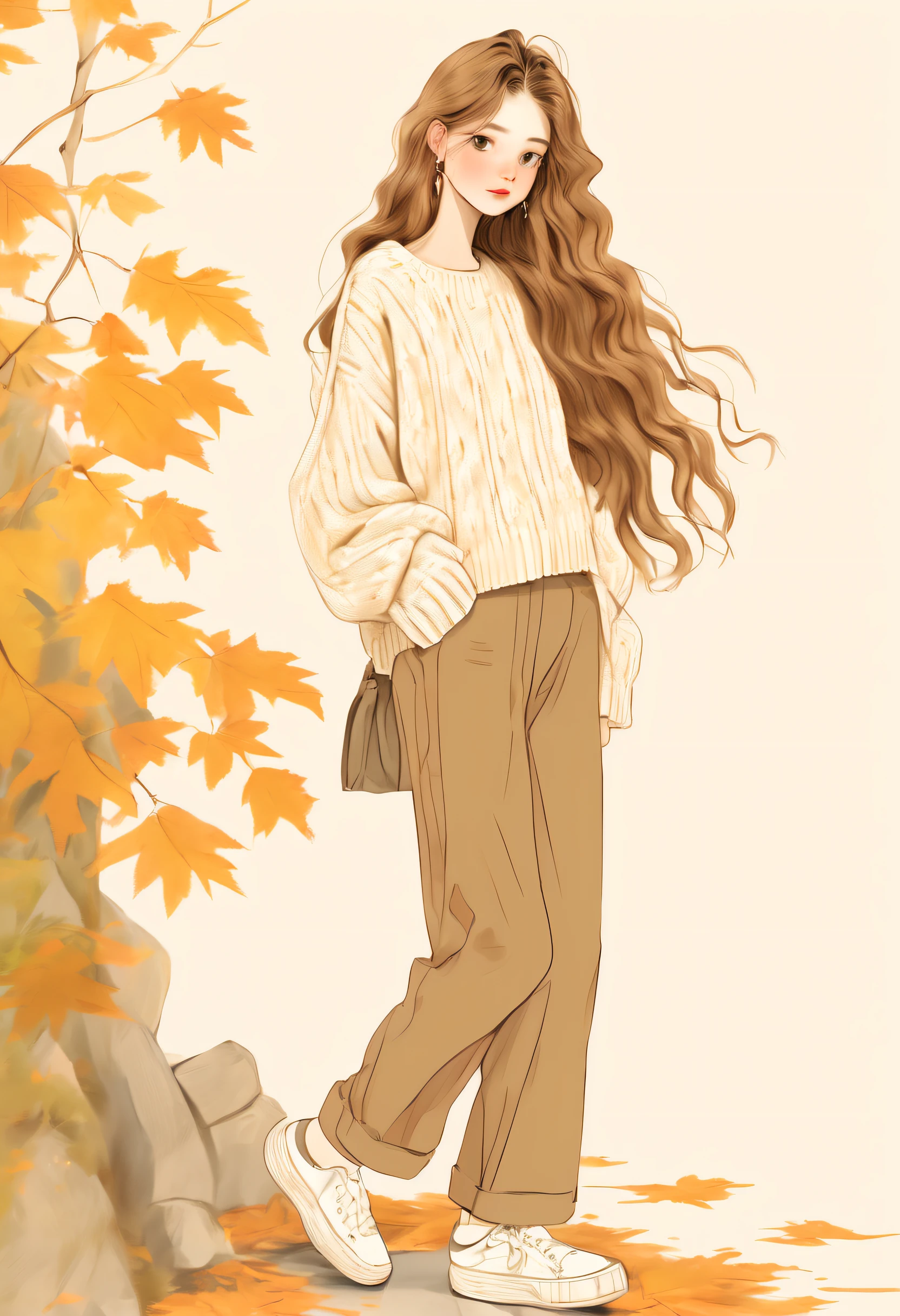 Early fall outfit, wearing a hair band, delicate, hands ruffling hair, female model with long brown hair, fall colors, wearing a knit sweater and back pants, white socks, canvas shoes, gentle style, hand-drawn style, illustration, super high-resolution, rich in details