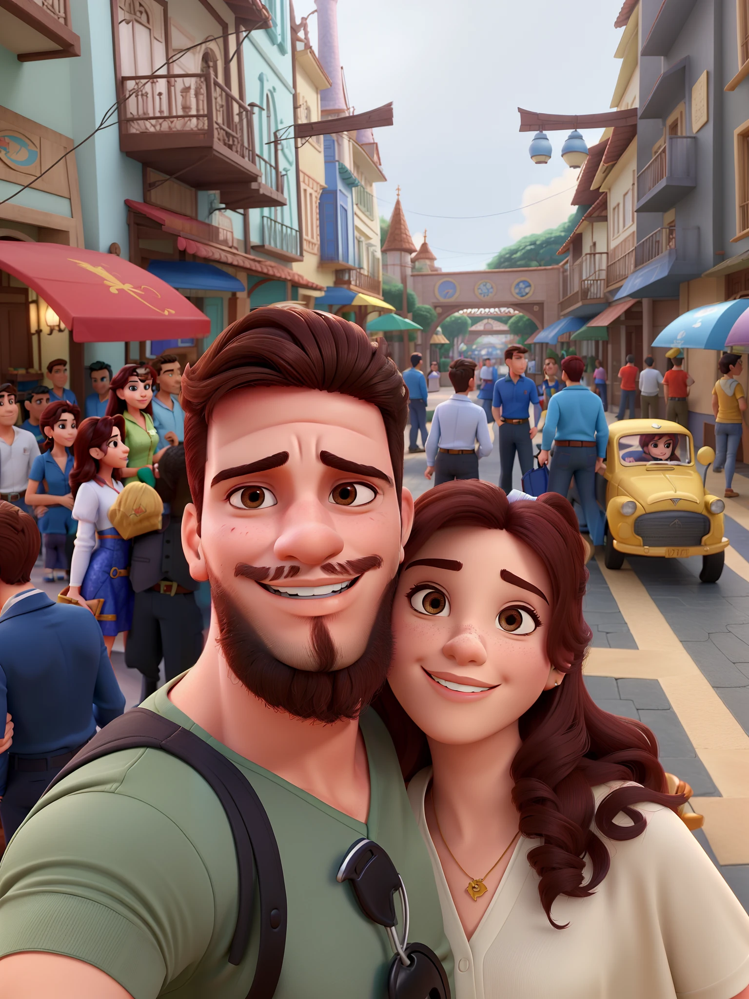 Casal (homem moreno e mulher branca) no estilo Disney Pixar, alta qualidade, melhor qualidade.
