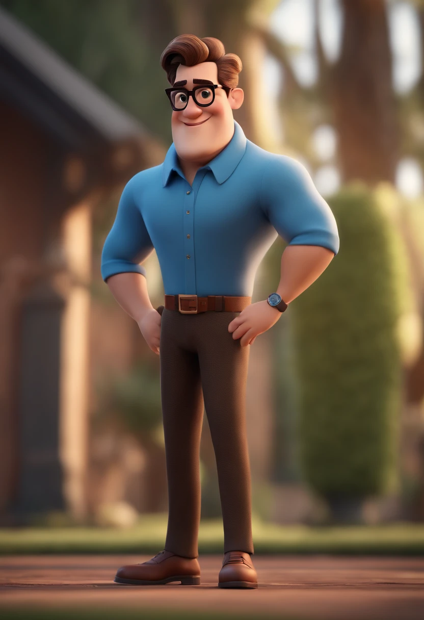 Cartoon character of a man with black glasses and a blue shirt, animation character, Caractere estilizado, animation style rendering, 3D estilizado, Arnold Maya render, 3 d render stylized, toon render keyshot, Personagem 3D, Personagem 3D, 3d rendering stylized, 3 d character render, personagem de desenho animado, Personagem de close up, Pose de personagem,  (Estilo Pixar) (master part:1.2) (Bokeh) (best quality) (pele detalhada) (textura detalhada) (8k) (argila) (Cinematic lighting) (foco nítido