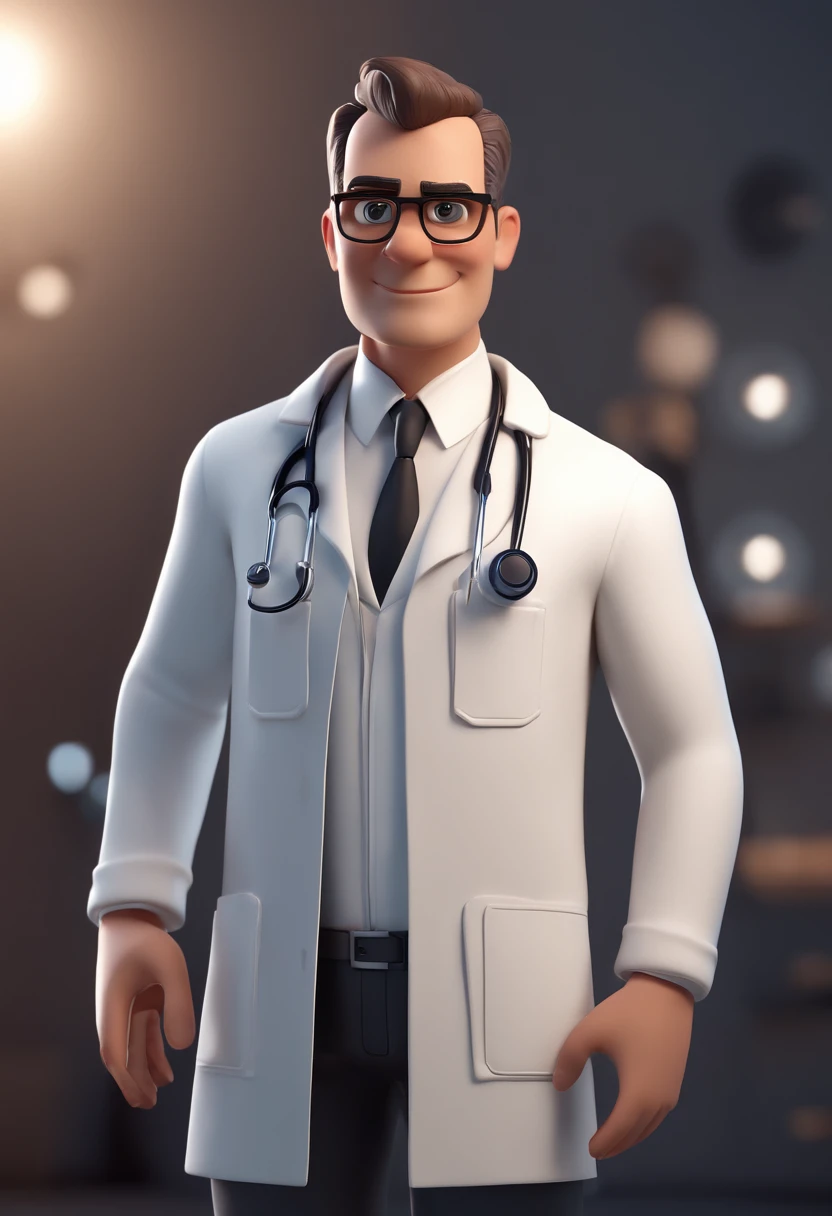 Cartoon character of a man wearing a doctor's lab coat, um personagem animado, Caractere estilizado, animation style rendering, 3D estilizado, Arnold Maya render, 3 d render stylized, toon render keyshot, Personagem 3D, Personagem 3D, 3d rendering stylized, 3 d character render, personagem de desenho animado, Personagem de close up, Pose de personagem, (Estilo Pixar) (master part:1.2) (Bokeh) (best quality) (pele detalhada) (textura detalhada) (8k) (argila) (Cinematic lighting) (foco nítido，Senta e vaza a parte superior do corpo