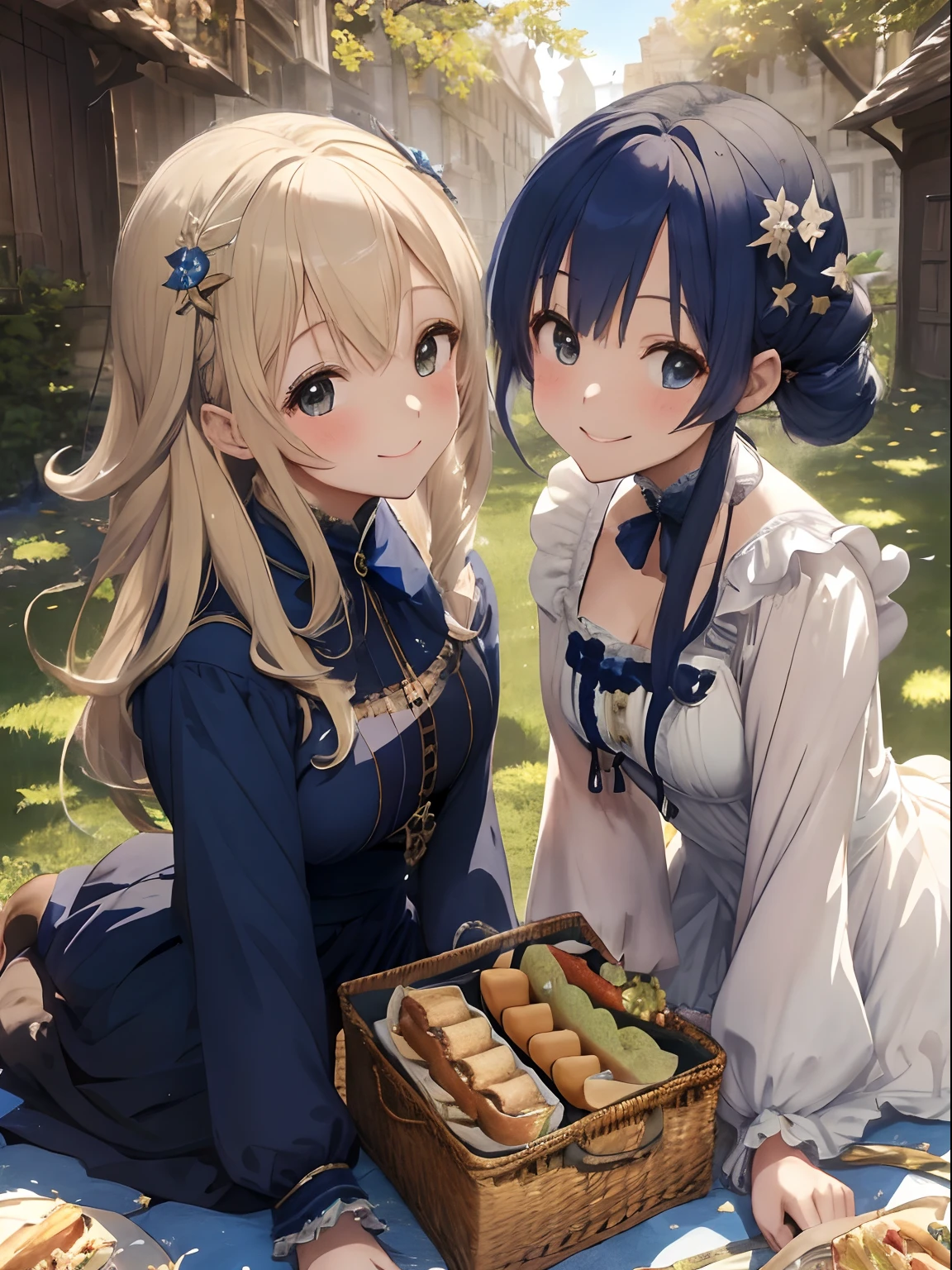 twinsies,Chiquita,Two-tone hair in white and navy blue,Colored leaves,Medieval European style,nobles,Ready Style,Fluffy and fluttering clothes,Stylish atmosphere,eat a sandwich,A smile,Fun picnic,busy,The sun is shining