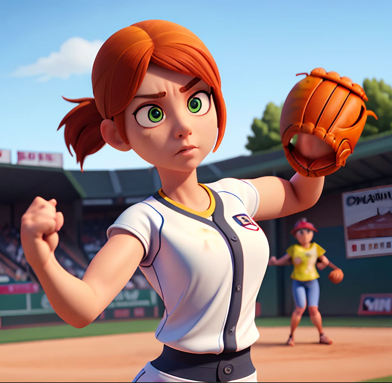 Masterpiece, (watercolor:1.3), (short stack:1.1), forward facing, eyes on camera, serious expression, (action shot:1.4) , (upper body strength:1.3), contrapposto (tattoo:1), softball pitcher, auburn hair, green eyes, (string bikini:1), pitching a softball at viewer, (focus on softball in foreground:1.4), sunny, natural lighting, High definition, excellent resolution, excellent quality, insane detail, semi realistic, postprocessed, crisp face, facial features, extremely detailed, facial features