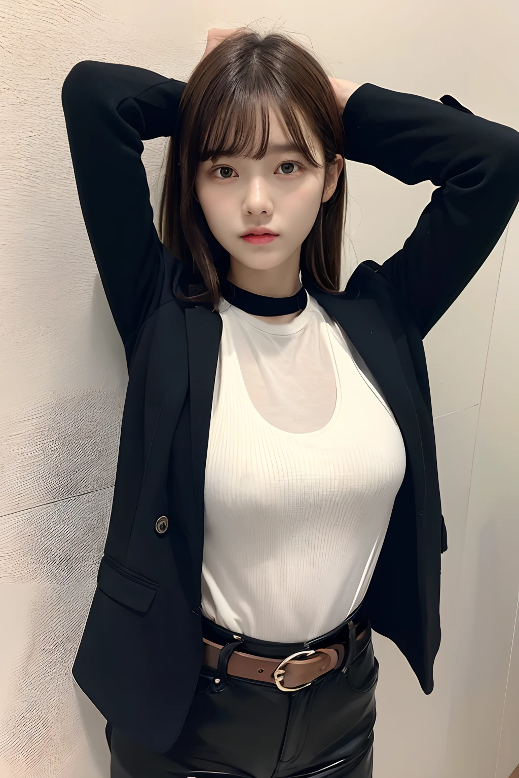 ​masterpiece、flat-colors、depth of fields、lens flare 1 girl、、Brown hair、watching at viewers　　　　a belt　black suspenders　　　large full breasts　　　 　 Armpit sweat　perspiring　Side of both hands　　walls: 　Black pants, Black jacket holster　arm　Leg holster　　　arma　Gaze　　　Small face　Bangs Upper Eyes　flank