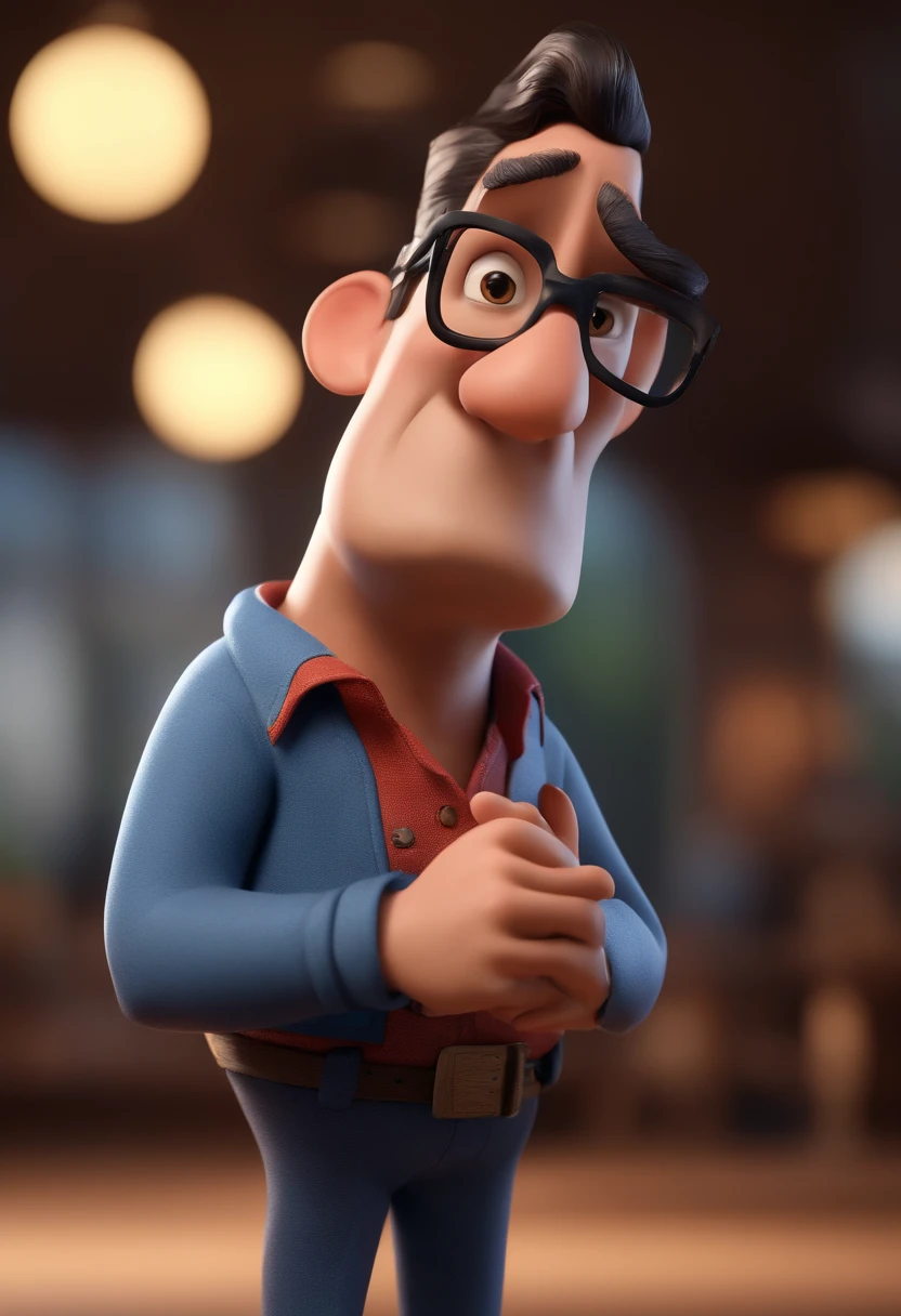 Cartoon character of a man with black glasses and a blue shirt, animation character, Caractere estilizado, animation style rendering, 3D estilizado, Arnold Maya render, 3 d render stylized, toon render keyshot, Personagem 3D, Personagem 3D, 3d rendering stylized, 3 d character render, personagem de desenho animado, Personagem de close up, Pose de personagem, (Estilo Pixar) (master part:1.2) (Bokeh) (best quality) (pele detalhada) (textura detalhada) (8k) (argila) (Cinematic lighting) (foco nítido