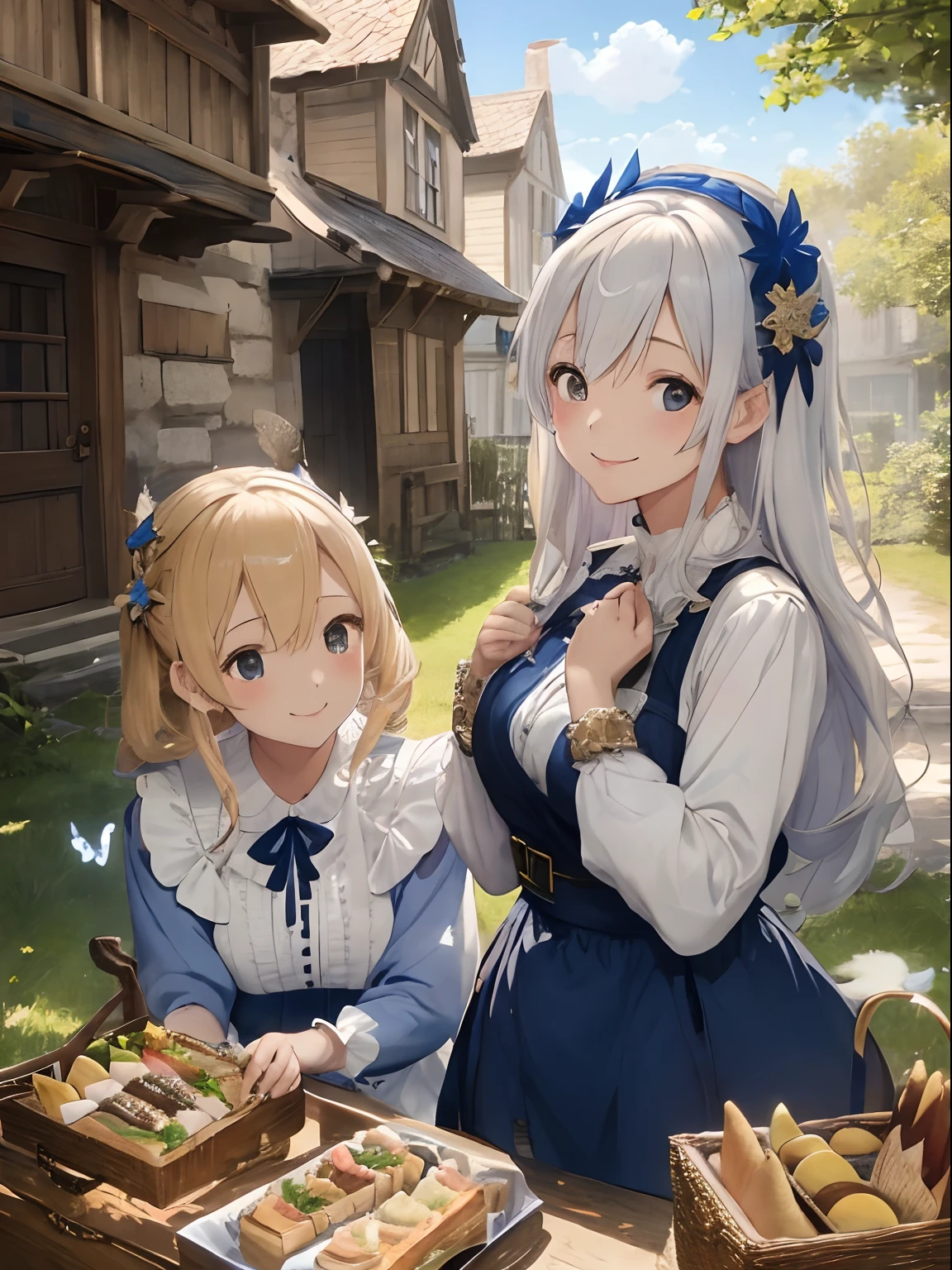 twinsies,Chiquita,Two-tone hair in white and navy blue,Colored leaves,Medieval European style,nobles,Ready Style,Fluffy and fluttering clothes,Stylish atmosphere,eat a sandwich,A smile,Fun picnic,busy,The sun is shining