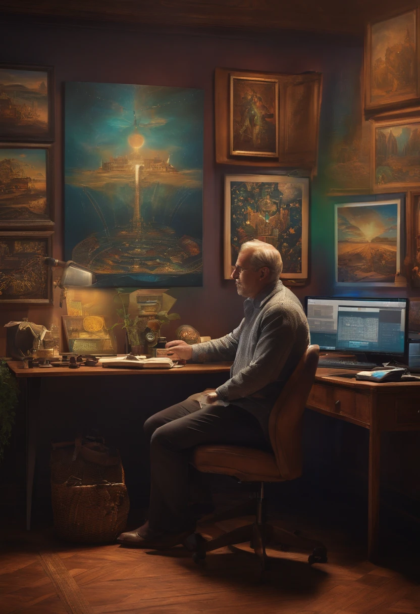 Middle-aged man, Sitting at a laptop, which stands on the table. In the background is the wall of a room with a poster "Millions on AI"
