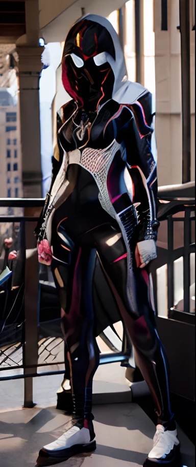 teen, large breasts, balcony, front view, HDR,UHD,8K, best quality, masterpiece, Highly detailed, Professional, 1girl a drawing of a woman in a black and white hooded suit, oc commission, sinister pose, cel shaded, full face masked , commission for high res, fullbody commission, spider-gwen, intricate, spiderwoman,