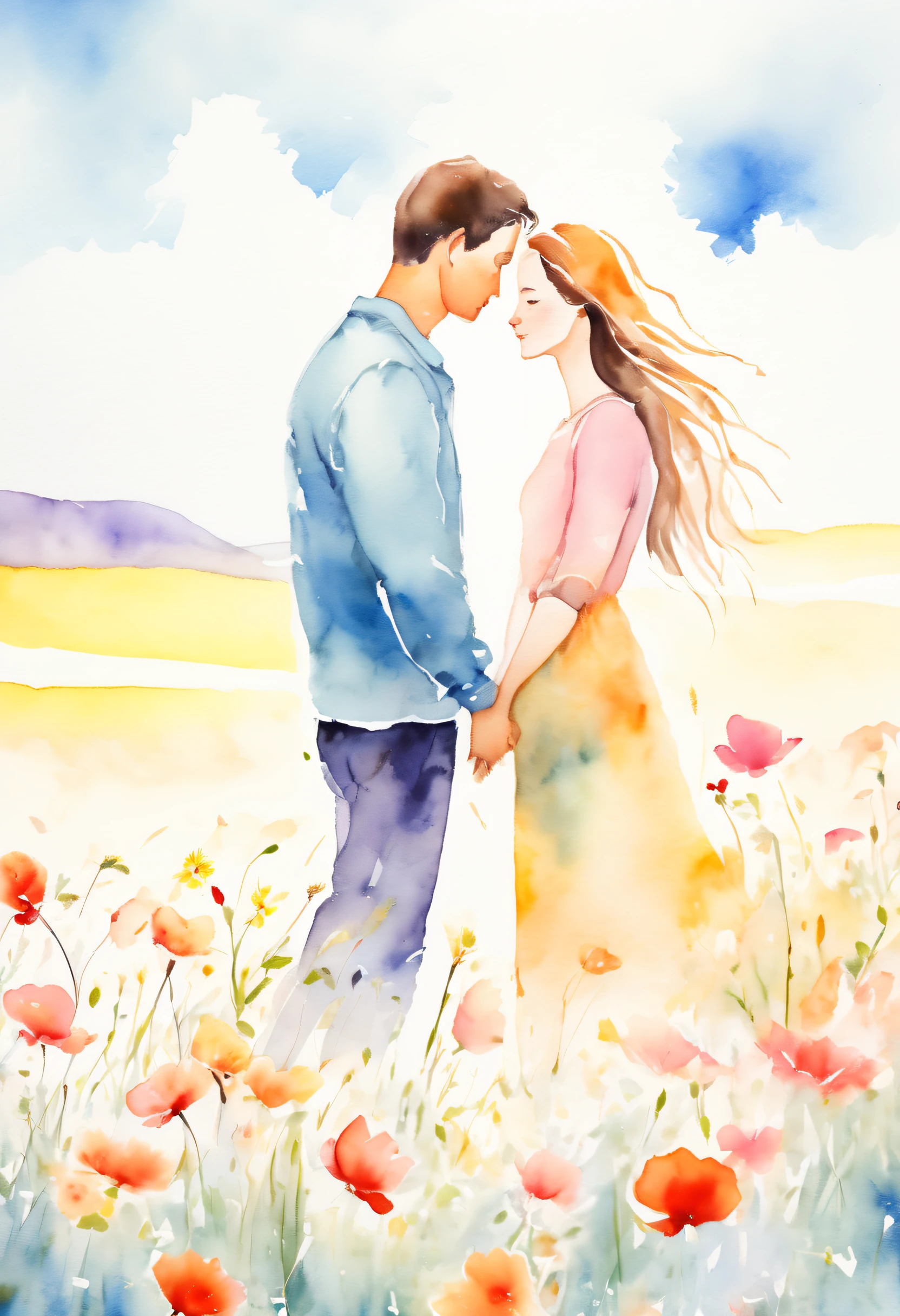 Watercolor, strong texture, a couple looking at each other in deep love, the most romantic thing in the world, falling petals, minimalism, camping meadow and sky in the background, beautiful scene, high saturation