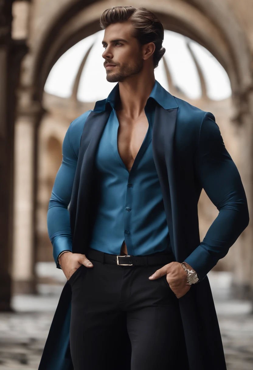 beautiful man, Strong physique, blusa social de cor branca, long black pants, sapatos sociais de cor branca, cabelo branco no rabo de cavalo, olhos prateados, slender appearance, elegante, with arms outstretched, gravata borboleta azul claro, olhar sorridente, Old castle setting, ambulante.