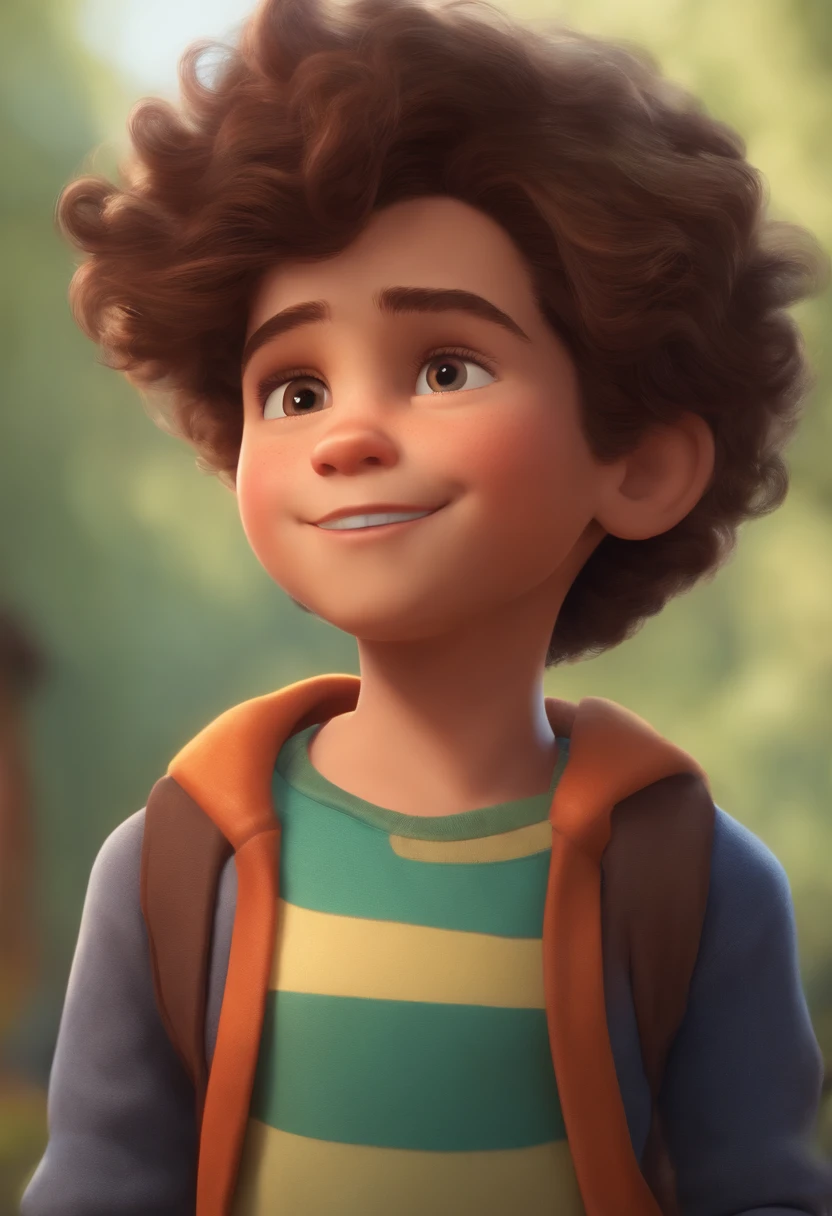Image of a boy for a story in a YouTube video in Pixar format, He's the allabester, He's the class leader, He's outgoing, Playful and gets up for a lot of things, cabelo curto