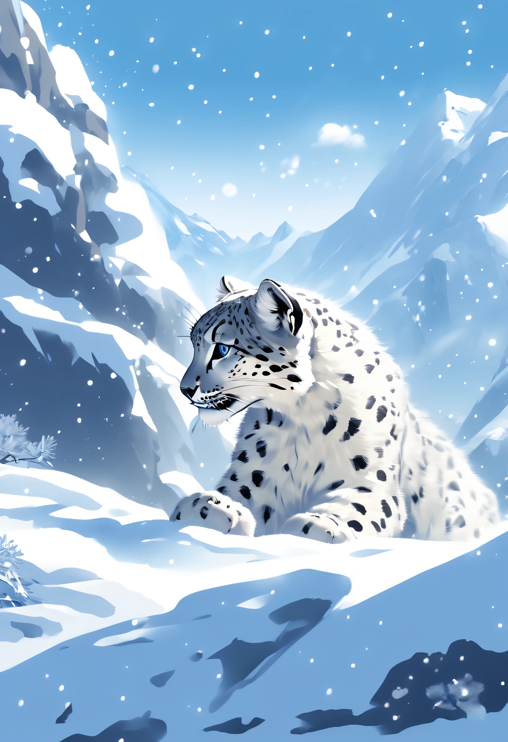 Posters of scientific research journals, Protect the ecology of the earth, A white snow mountain, natural landscape, A cute little Snow leopard playing in the snow, Falling snowflakes, The blue sky, atmospheric perspective, MysticalForest, Ultra-high Resolution, Meticulous Details