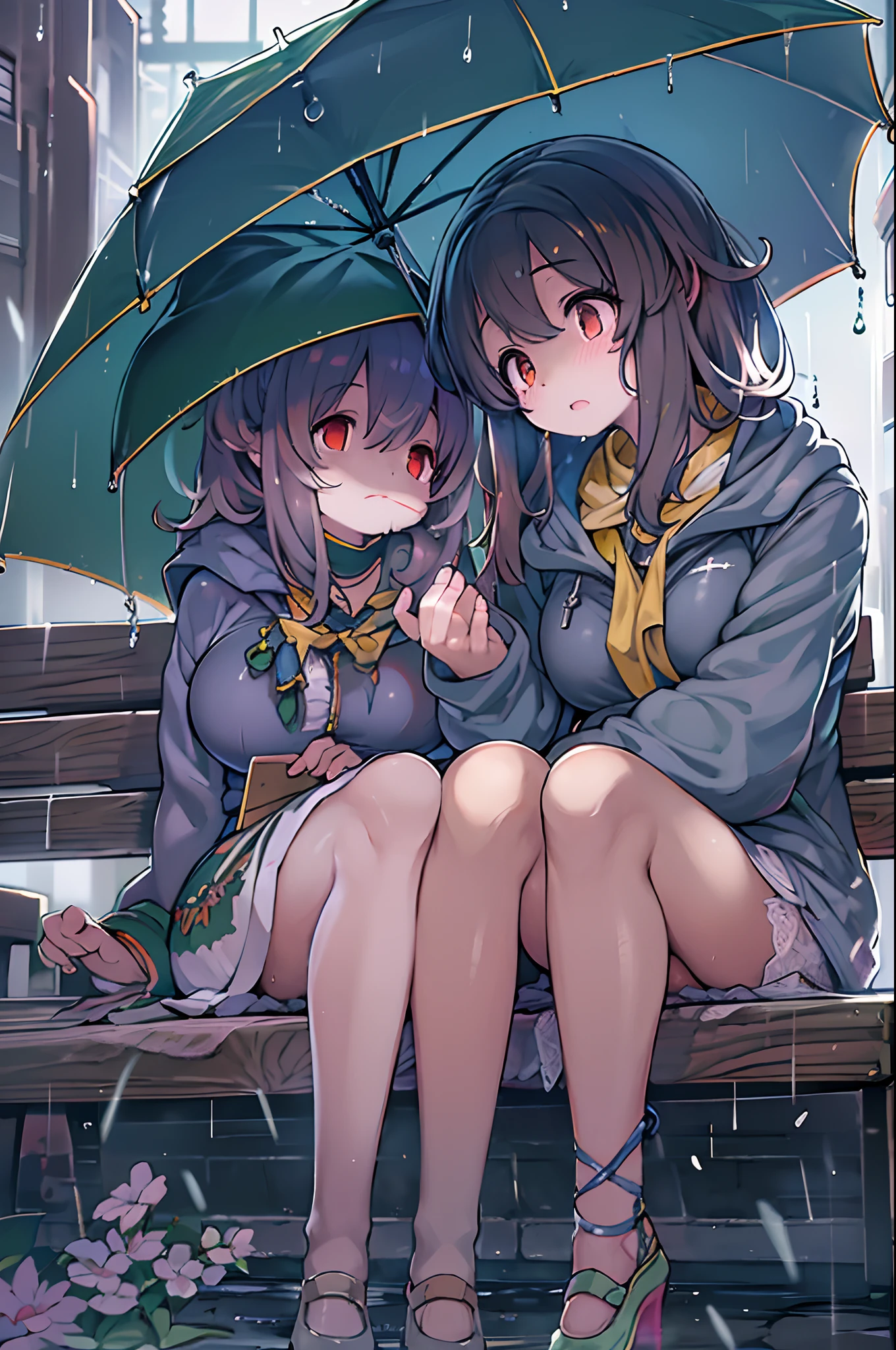under the rain、Anime characters sitting on a bench under an umbrella, Sateen!, Sateen!!, Kantai Collection Style, Sateen!!!, after rain and no girl, kawacy, anime style 4 k, In the rain, It's raining outside, anime moe art style, under rain, Cute art style, rainy day, Trending on ArtStation pixiv, official artwork