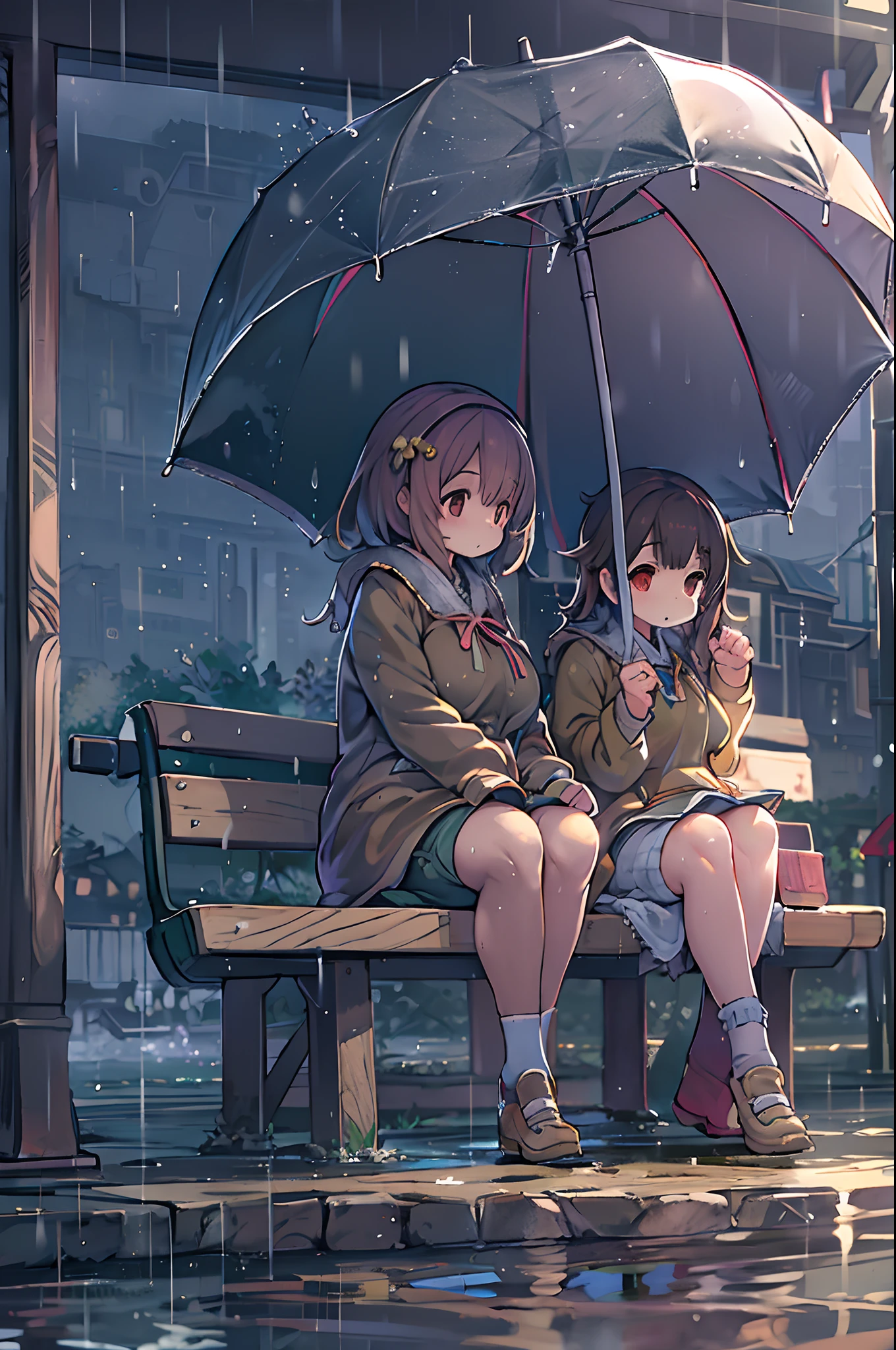 under the rain、Anime characters sitting on a bench under an umbrella, Sateen!, Sateen!!, Kantai Collection Style, Sateen!!!, after rain and no girl, kawacy, anime style 4 k, In the rain, It's raining outside, anime moe art style, under rain, Cute art style, rainy day, Trending on ArtStation pixiv, official artwork