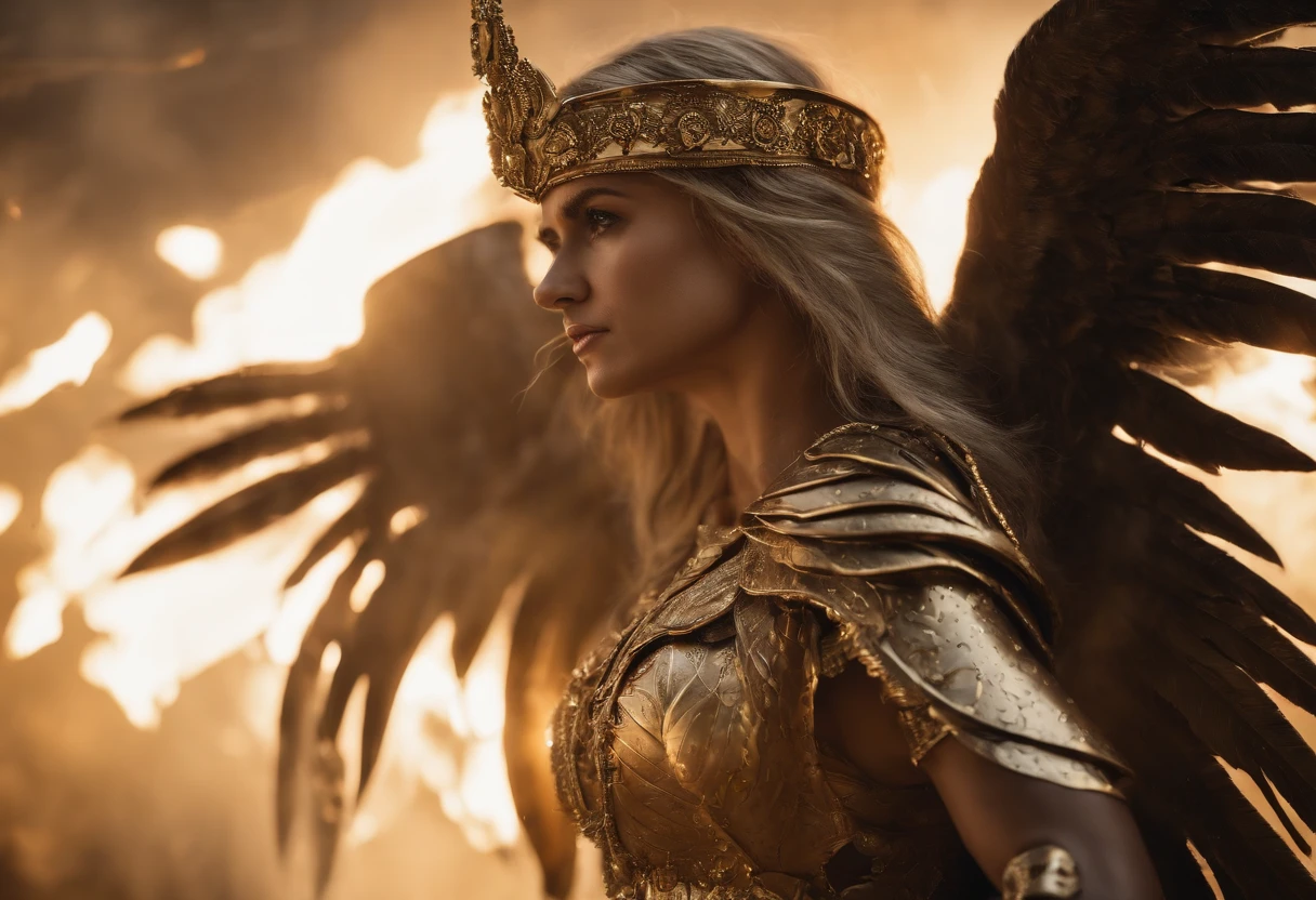 ((The Justice angel)),(take flame blade which reflect the dizzle light),burnning up in fire,equiped with golden armer,((eyes shinning gold beam)),background in holy beaming from the heaven,official art,epic