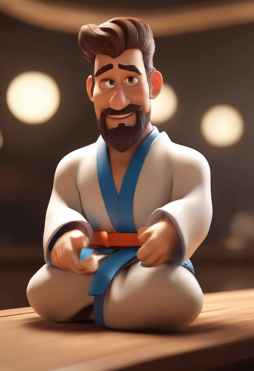 Personagem de desenho animado de um homem de barba usando kimono de Jiu-jitsu, um personagem animado, Caractere estilizado, animation style rendering, 3D estilizado, Arnold Maya render, 3 d render stylized, toon render keyshot, Personagem 3D, Personagem 3D, 3d rendering stylized, 3 d character render, personagem de desenho animado, Personagem de close up, Pose de personagem, (Estilo Pixar) (master part:1.2) (Bokeh) (best quality) (pele detalhada) (textura detalhada) (8k) (argila) (Cinematic lighting) (foco nítido，Senta e vaza a parte superior do corpo