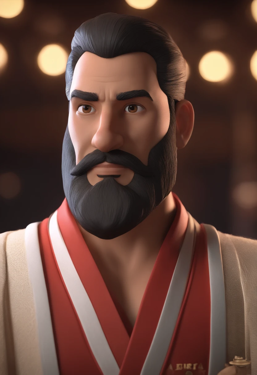 Personagem de desenho animado de um homem de barba usando kimono de Jiu-jitsu, um personagem animado, Caractere estilizado, animation style rendering, 3D estilizado, Arnold Maya render, 3 d render stylized, toon render keyshot, Personagem 3D, Personagem 3D, 3d rendering stylized, 3 d character render, personagem de desenho animado, Personagem de close up, Pose de personagem, (Estilo Pixar) (master part:1.2) (Bokeh) (best quality) (pele detalhada) (textura detalhada) (8k) (argila) (Cinematic lighting) (foco nítido，Senta e vaza a parte superior do corpo