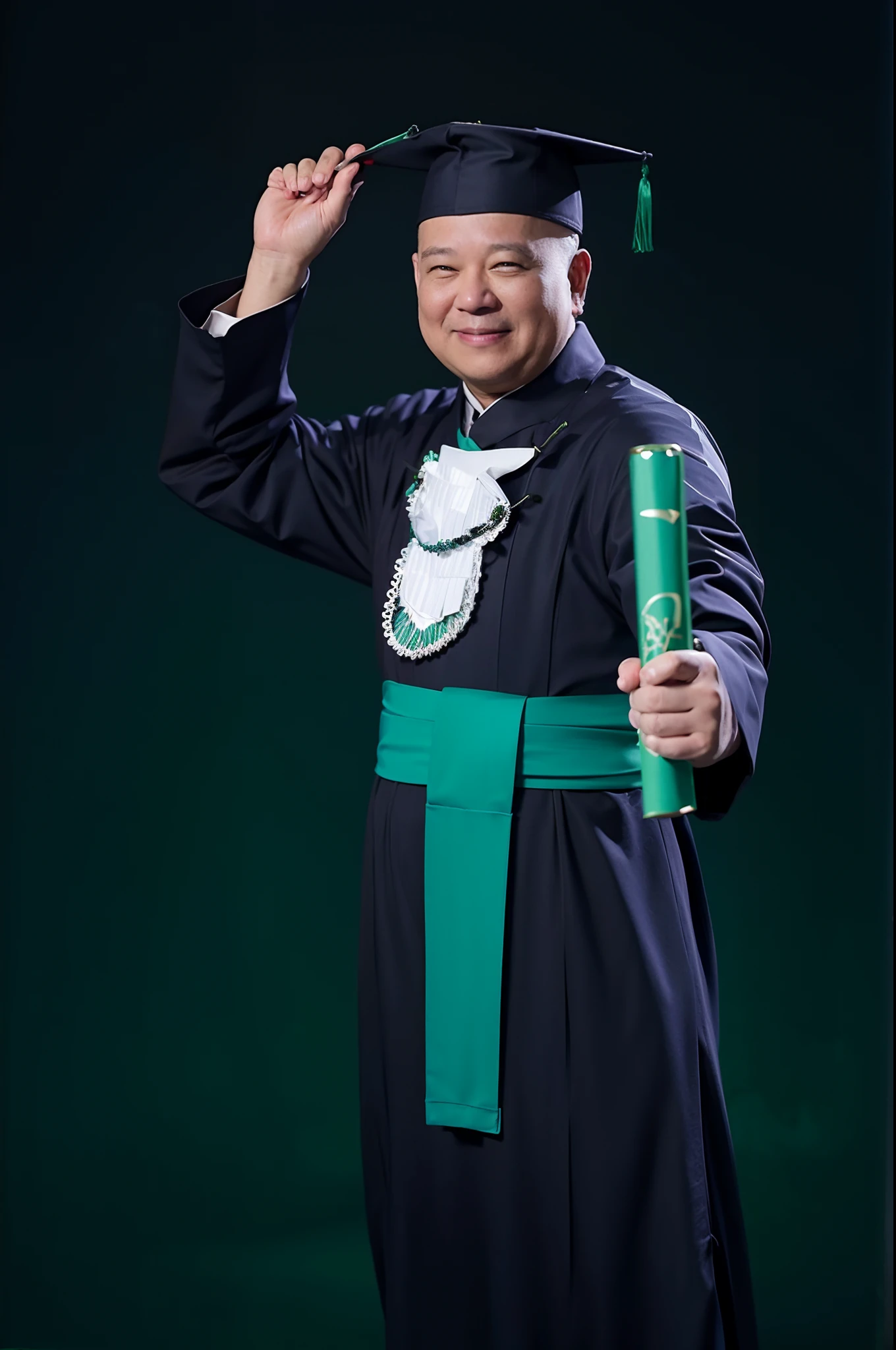 Homem de arafed em um vestido de formatura segurando um diploma e um cinto verde, wearing an academic gown, Foto de formatura, vestindo vestes verde-escuras, vestindo apenas um manto verde, Green robes, vestido como vestes de juiz, diretor da academia, Manto verde, vestido com um manto verde, post graduate, album photo, gm, advertising photo, Mestre indiano, music phd