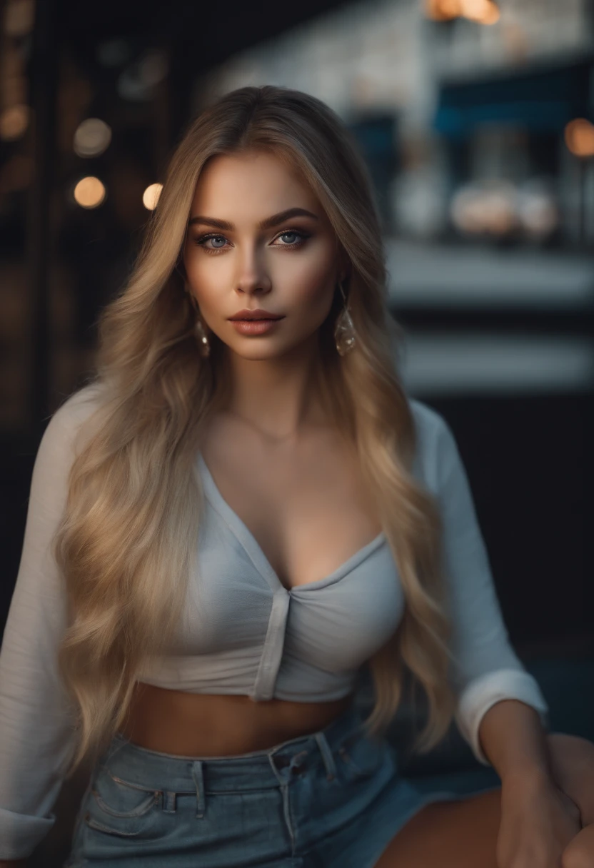 professional, (4k photo:1.1) by (Jeremy Lipking:0.3), (Dittmann Anna:0.3), (Arian Mark:0.3), (Sharp focus:1.3), high detail, wearing (lowcut shirt:1.2), beautiful detailed face, hazel eyes, long blonde hair, (attractive young woman:1.3), (seductive:1.1), (blushing:1.1), hourglass body shape, large round perky ???????, wide thicc ????, in the mall, ????