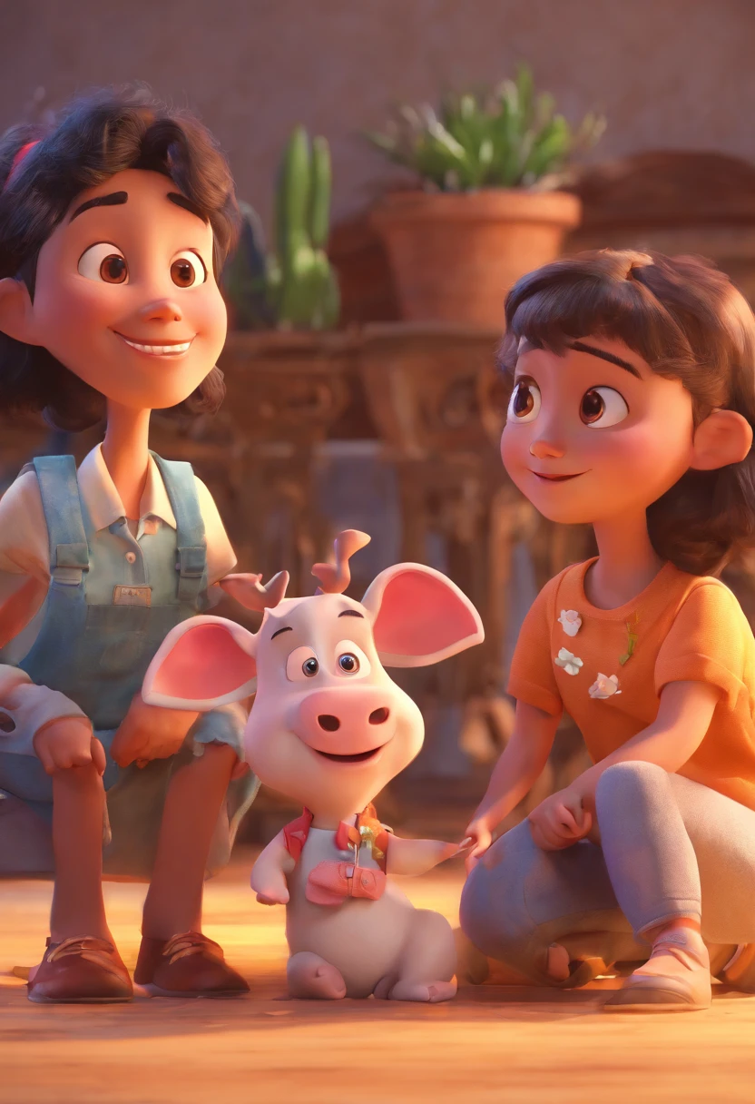 Estilo Pixar: Familia, Um pai, A mother and two girls. Uma menino de 6 anos e outro de 2 anos . Uma fazenda com vacas lindas e marrom .