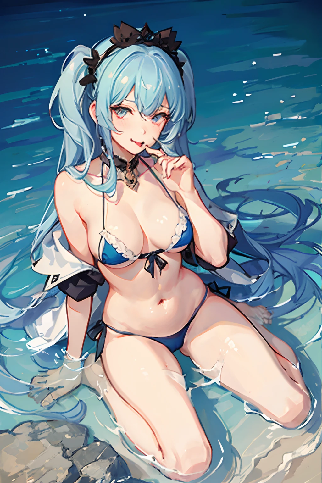 primary school anime girl, cute bikini, water on body, camel toe, wet body detail, upper angle, self breast fonding, tongue out, nipple leak, showing off, blushing face, sex request, pink bright pupil, tattoo under belly, begging face, self peeing, sitting on a person body