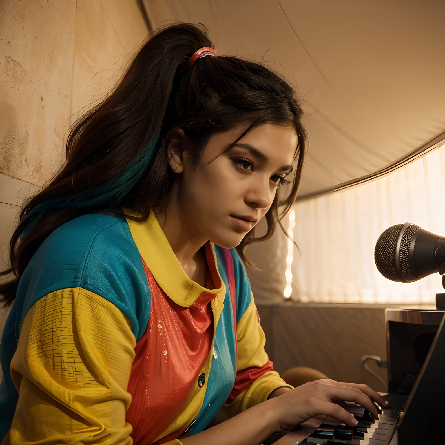 parede colorida brilhante com um homem tocando teclado e microfone, tecladista, foto do concerto, Directed by: Robbie Trevino, Ao vivo no Lollapalooza, por Dicky Doyle, Directed by: Andrei Kolkoutine, solid background, vibe synth, suave em _ O pano de fundo, badass composition, Directed by: Carey Morris, retro vibe, vibrant setting, Directed by: Briana Mora, by Amelia Peláez