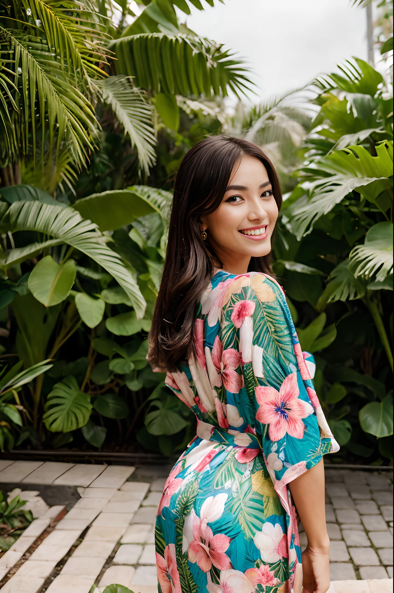 Magnifique brune américaine asiatique de 23 ans, UHD, Dans un jardin botanique tropical, porte une robe à motif, (Robe à motifs:1.5), sexy pose, Sourire léger, flirte avec la caméra, arrière plan flou , Bokeh, Planifiez à grande échelle, (poitrine 95D:1.0), (Marilyn Monroe:0.5), objectif 135mm, F1/2, flare de l’objectif, Bokeh,