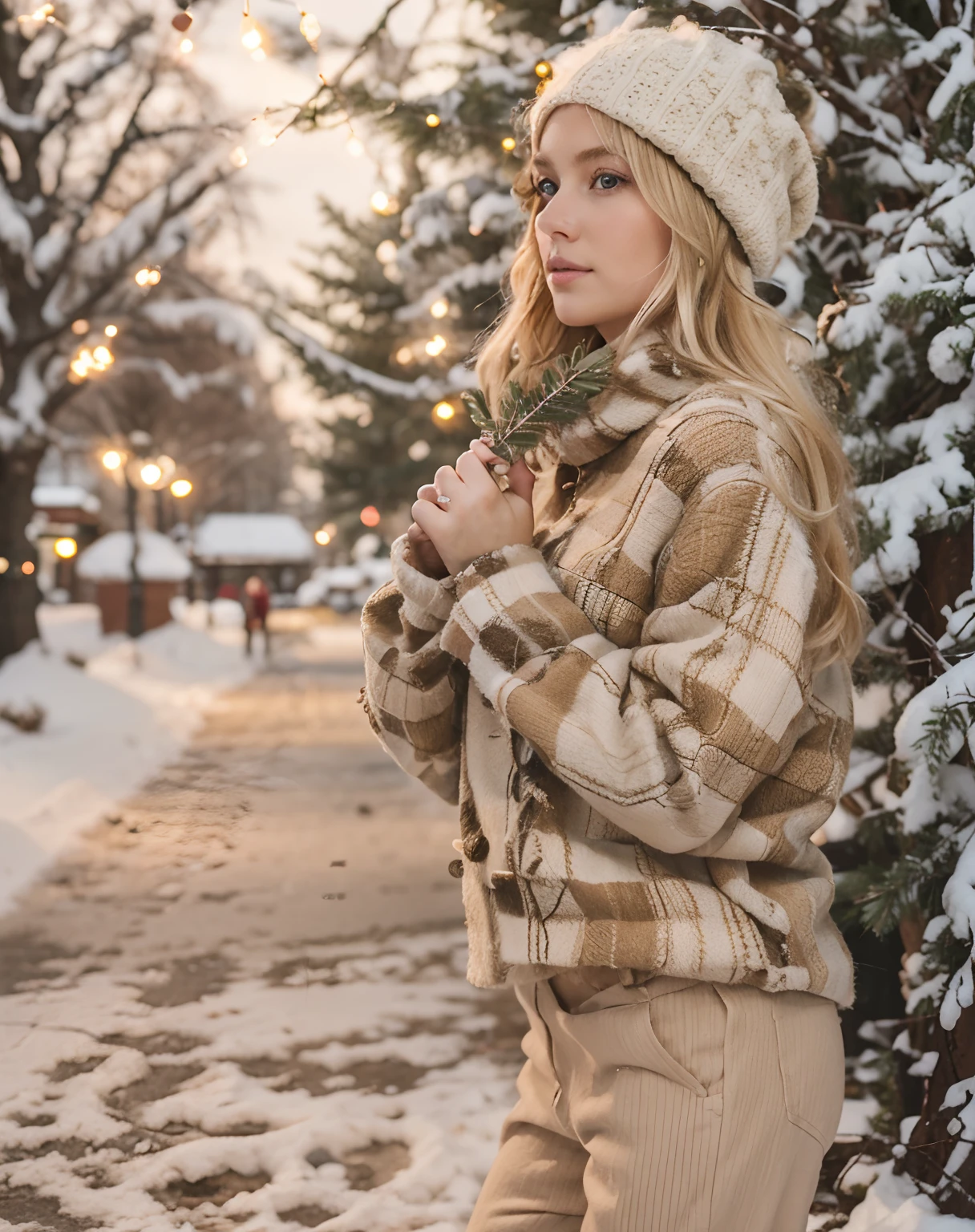 It's winter outside, New Year, handsome girl, Holding Christmas tree branches in your hands, Blonde woman with blonde hair and jewelry