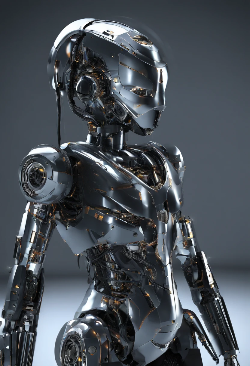 Female robot. No skin, purely cables and steel.