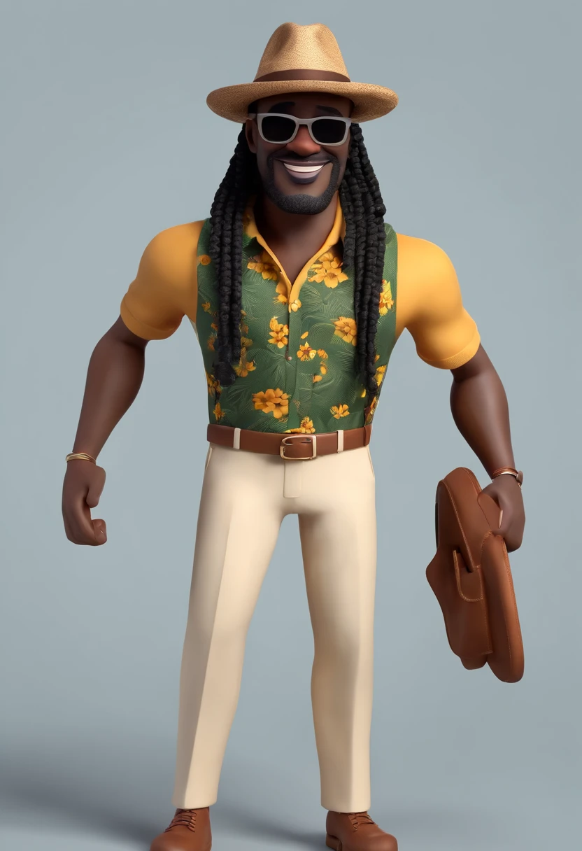 Cartoon character of a middle-aged black man haired dreadlocks in Panama style hat with classic black glasses and a patterned shirt, animation character, Caractere estilizado, animation style rendering, 3D estilizado, Arnold Maya render, 3 d render stylized, toon render keyshot, Personagem 3D, Personagem 3D, 3d rendering stylized, 3 d character render, personagem de desenho animado, Personagem de close up, Pose de personagem,  (Estilo Pixar) (master part:1.2) (Bokeh) (best quality) (pele negra detalhada) (textura detalhada) (8k) (argila) (Cinematic lighting) (foco nítido