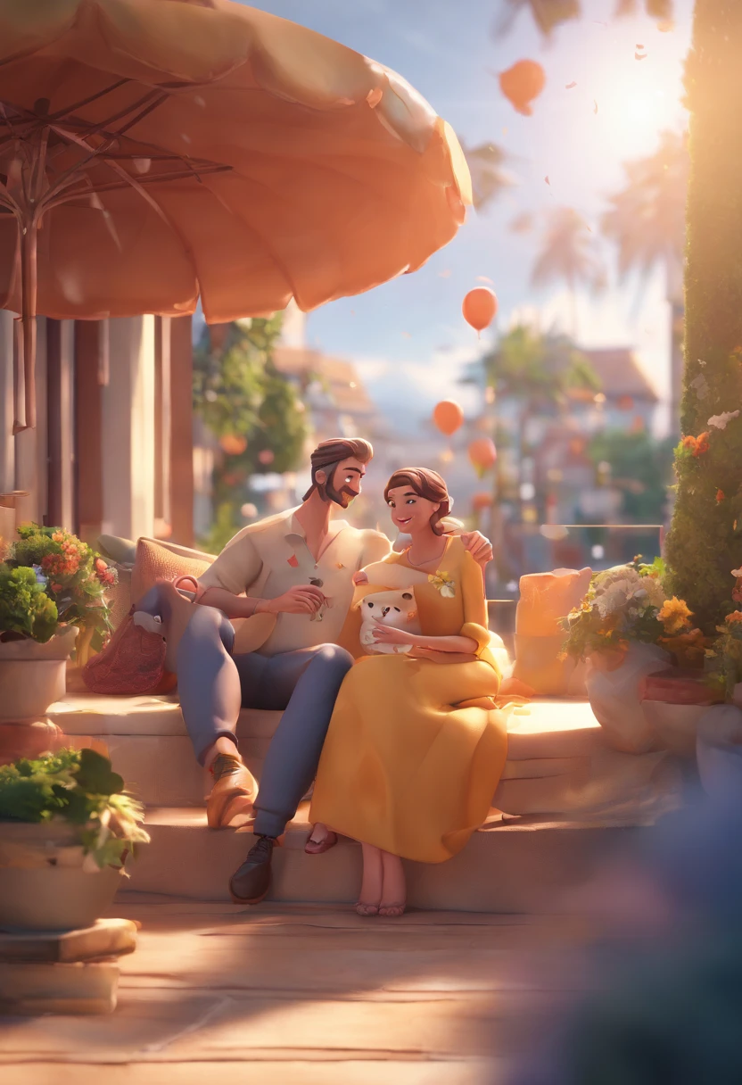 An illustration of an adorable couple, Destacando um homem e uma mulher com beleza, Expressive eyes – the man's hair is bald and brown and he has a full beard, While the woman's hair is tied in a bun and blonde. They are a bright space, Todos com um sorriso no rosto, e compartilhe um momento especial, That is marked by love, viagem, and pedagogical insights. Ilustre esta cena a partir de uma perspectiva, where they're facing away from the camera, Show Your Connection. Desenvolva esta arte em Full HD, Focus on your cinematic touch, Estilo Disney Pixar Animations