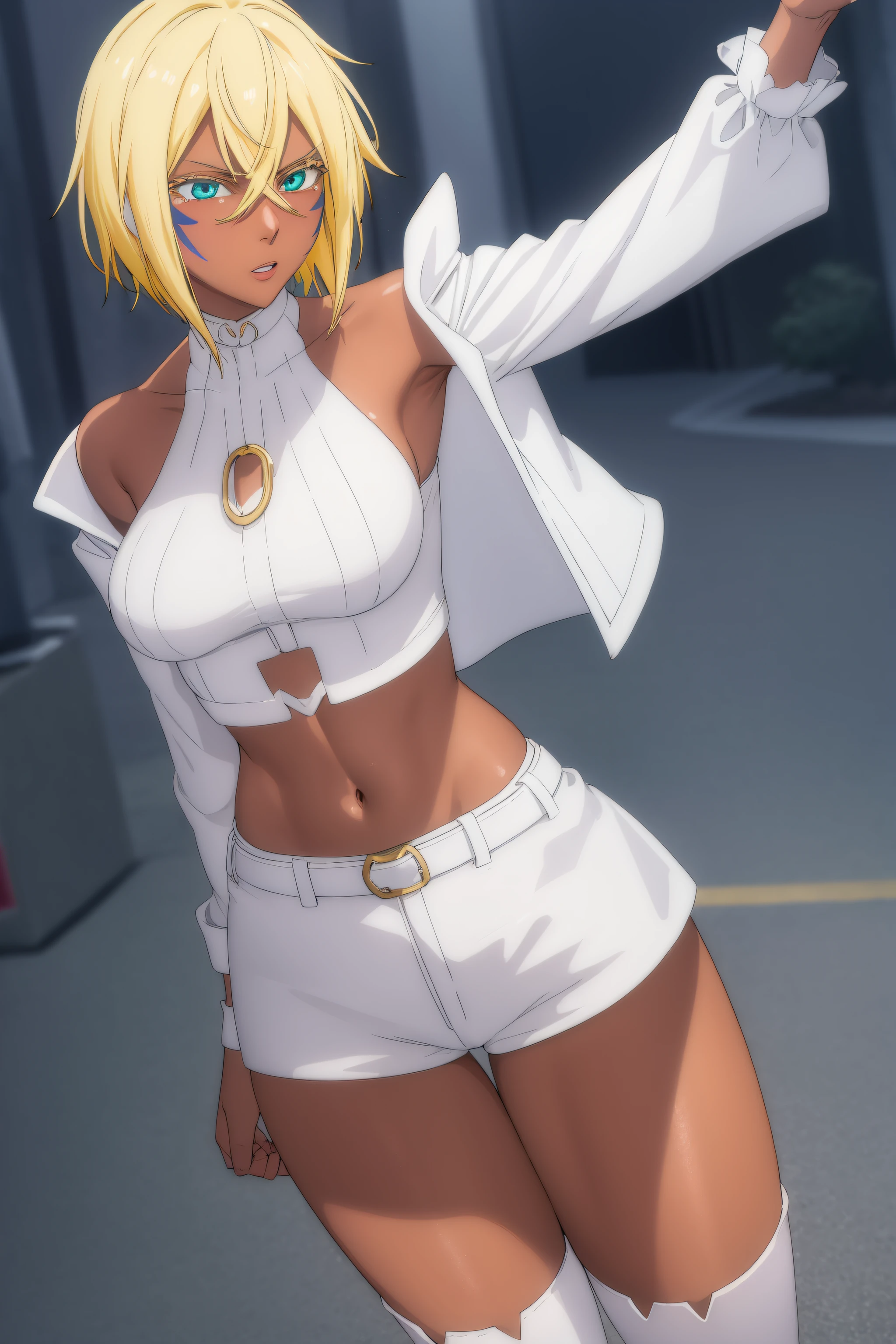 halibeltier, halibel tier, short hair, blonde hair, green eyes, dark skin, dark-skinned female, facial mark,medium breast,
BREAK black choker, off shoulder, cropped jacket, white jacket, long sleeves, midriff, belt, black shorts, short shorts, single thighhigh, fishnets,
BREAK outdoors,
BREAK looking at viewer, (cowboy shot:1.5),left hand and right hand on hip, angry, pov,
BREAK (masterpiece:1.2), best quality, high resolution,NSFW ,unity 8k wallpaper, (illustration:0.8), (beautiful detailed eyes:1.6), extremely detailed face, perfect lighting, extremely detailed CG, (perfect hands, perfect anatomy),