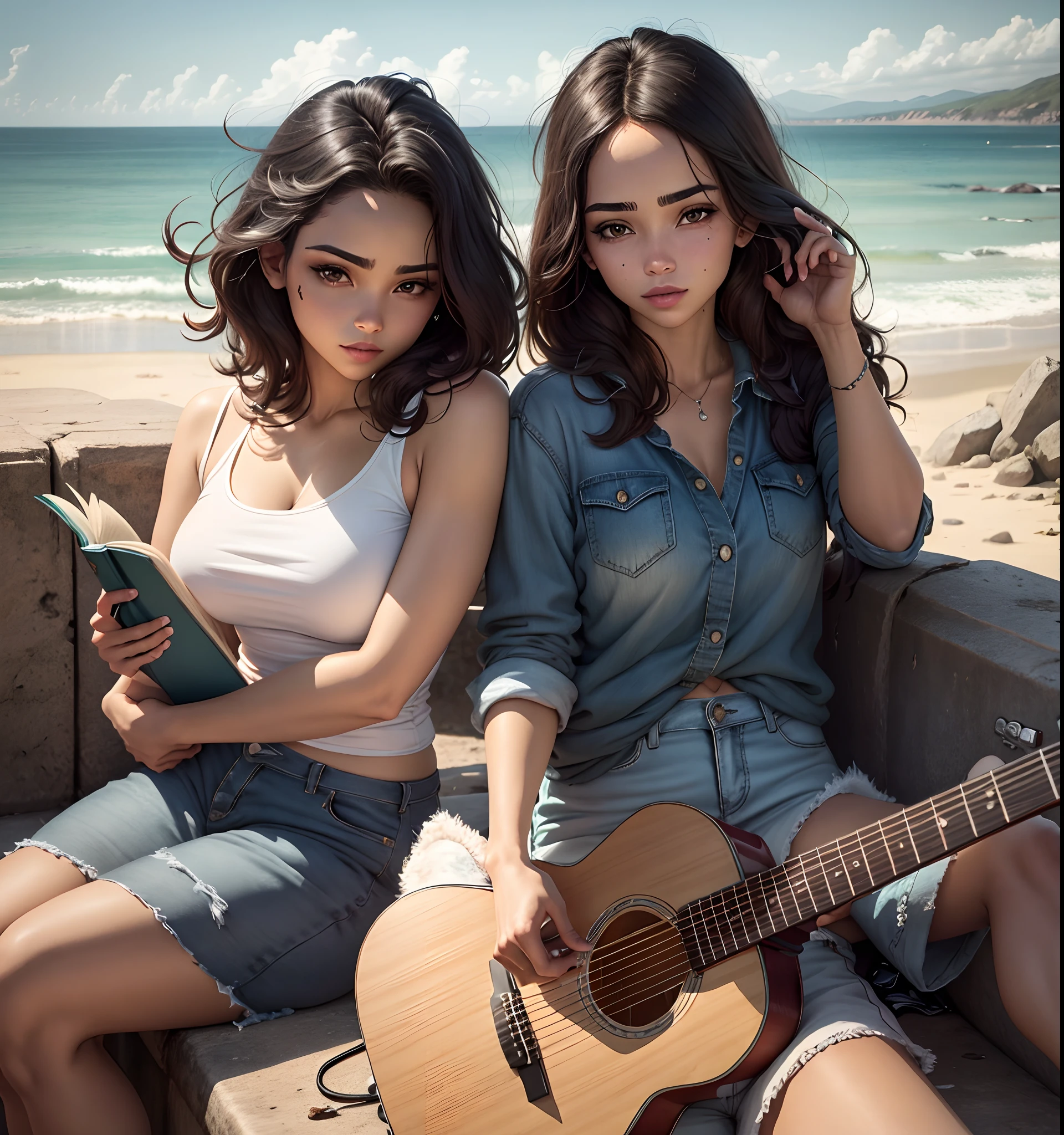 2heads, best resolution, korean woman with two heads, different faces, playing guitar ,lipstick, fedora, beanie, sittinglon beach