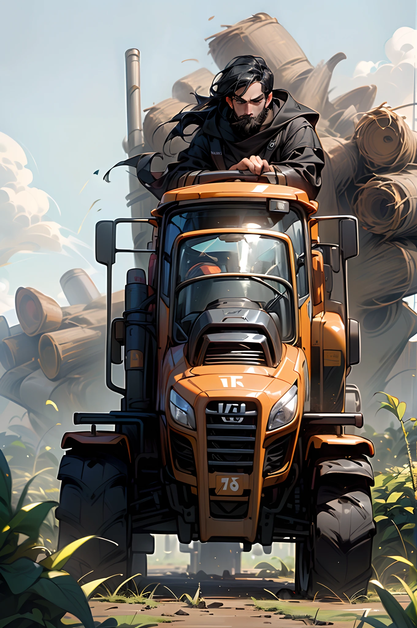 Estilo pixar homem cabelo preto, com barba, Cassava crop in the background with blue sky and a tractor working