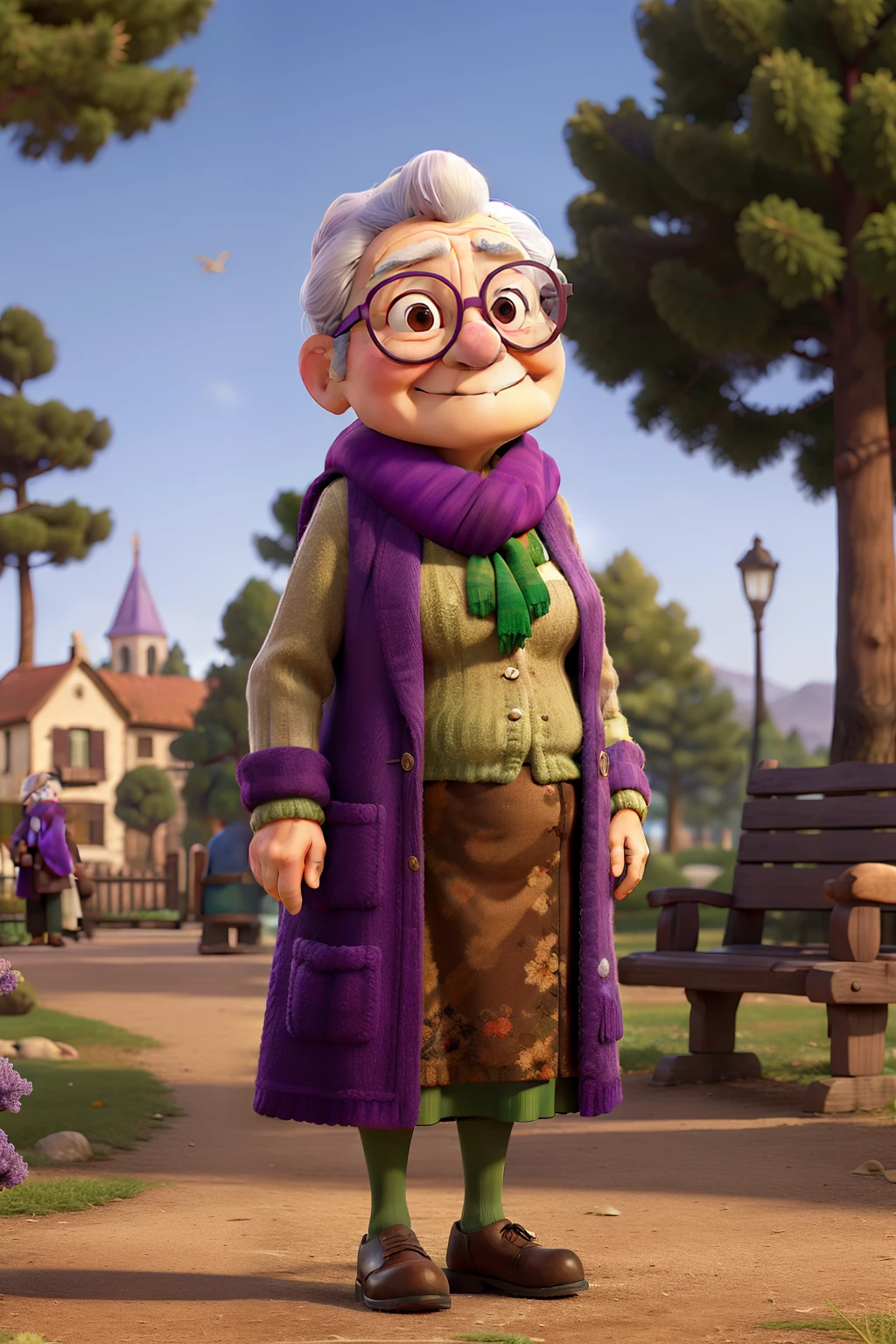 masterpiece, best quality, an old woman with glasses and a scarf on, wearing a purple coat and green scarf, standing at the park