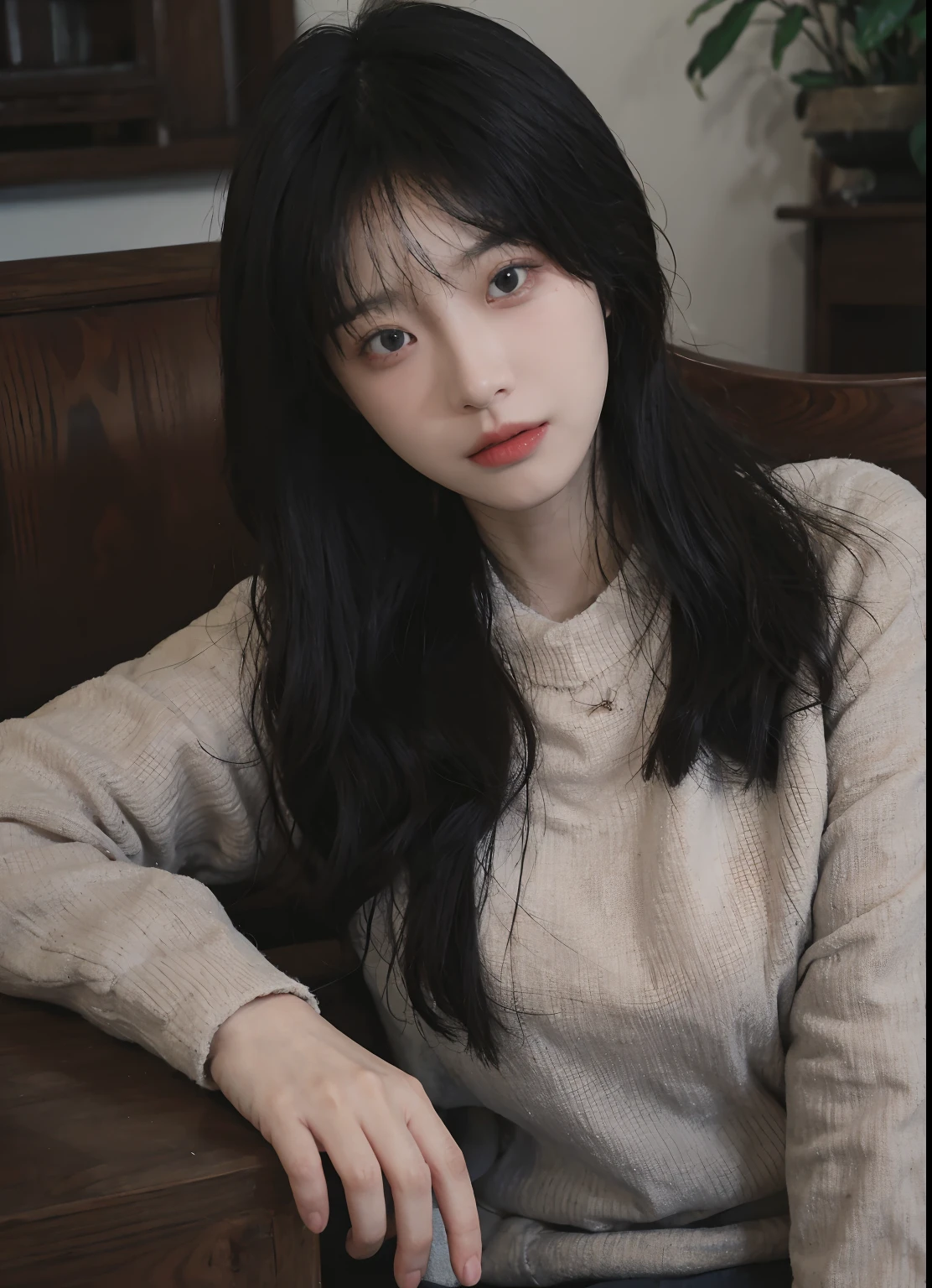 best qualtiy, 超高分辨率, (realisticlying:1.4), A woman with long black hair and a gray sweater, 中景 the scene is, She has black hair,By bangs, young lovely Korean faces, wan adorable korean face, ulzzangs, Shin Jinying, beautiful aesthetic face, Korean face features, Played by Liu Lee Ji Eun ,Beautiful realistic face