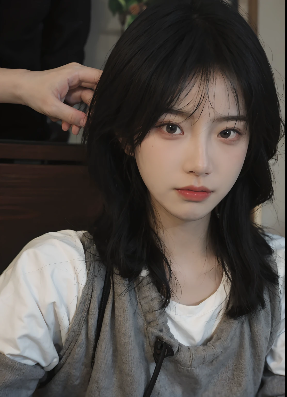 best qualtiy, 超高分辨率, (realisticlying:1.4), A woman with long black hair and a gray sweater, 中景 the scene is, She has black hair,By bangs, young lovely Korean faces, wan adorable korean face, ulzzangs, Shin Jinying, beautiful aesthetic face, Korean face features, Played by Liu Lee Ji Eun ,Beautiful realistic face