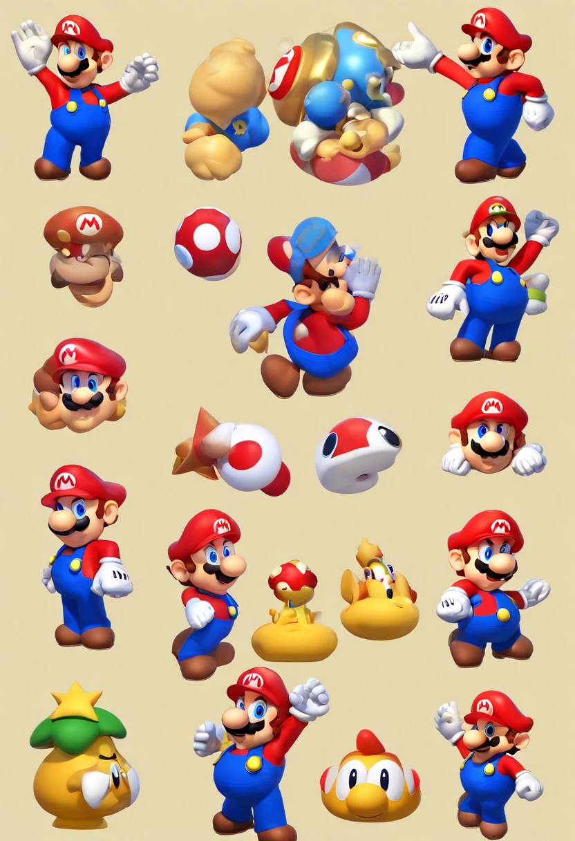 (Mario), design de personagens, Nintendo Super Mario, (olhos azuis, red hat, terno vermelho, blue suspenders, luvas brancas, )super bonito estilo caixa cega, Chibi, corpo inteiro, exaggerated expressions and actions, fundo limpo, Destaques iridescentes brilhantes, studio lighting, Atmospheric Illumination, com textura requintada, High detail, high resolution, c4d, ..3d, Liquidificador, 8k, best quality, Ultra High Definition