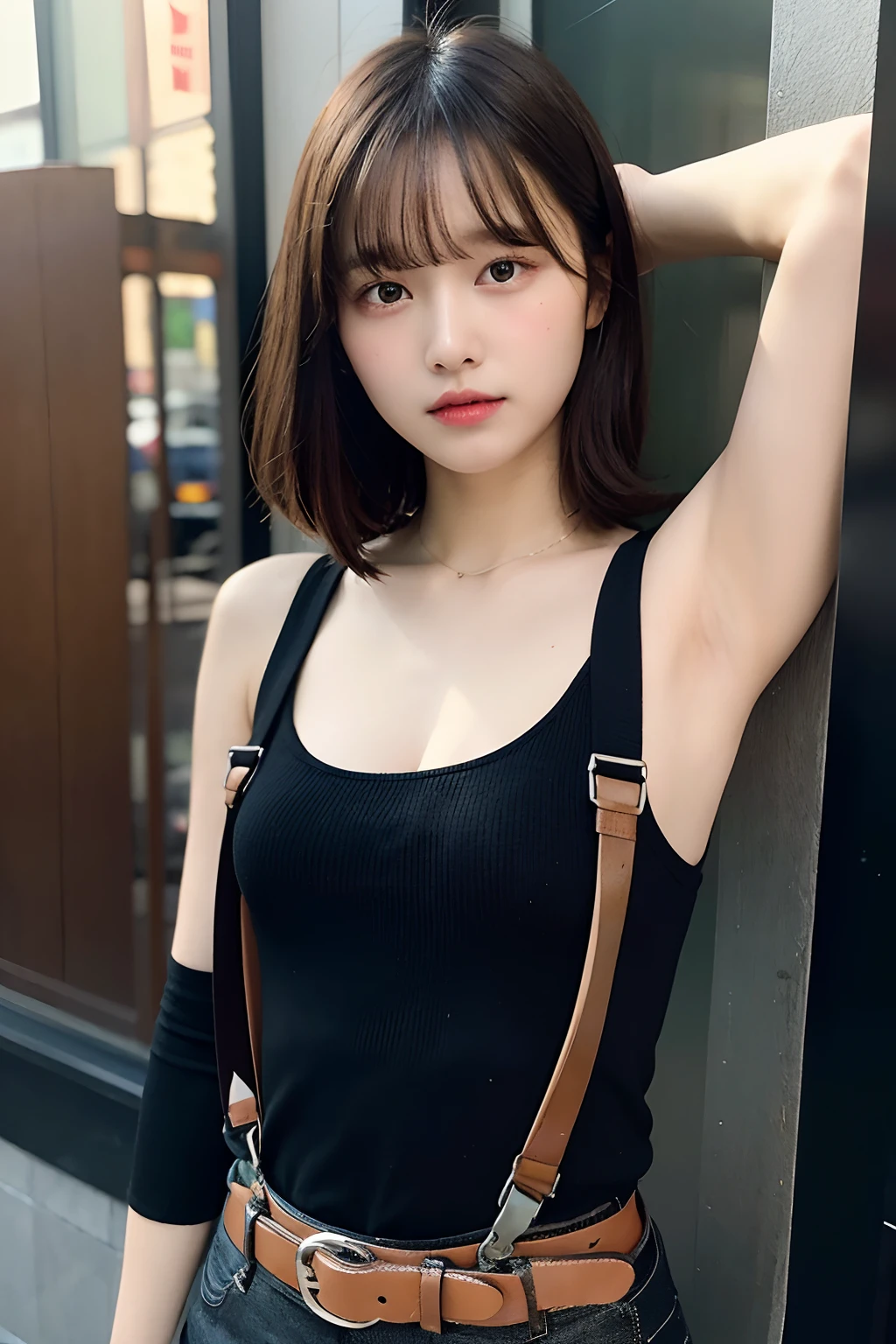 masterpiece、flat-colors、depth of fields、lens flare 1 girl、、Brown hair、watching at viewers a belt black suspenders large full breasts Armpit sweat perspiring Side of both hands walls: Black pants, Black jacket holster arm Leg holster arma Gaze Small face Bangs Upper Eyes flank