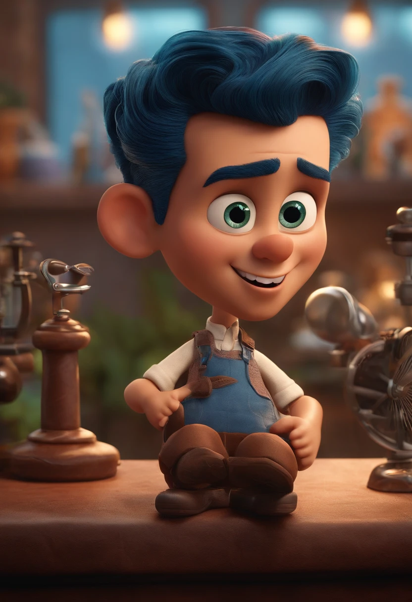 A Dream Barber Inspired by Pixar Animation, de perto. The character takes center stage with captivating facial expressions, oferecendo um toque de irrealidade, Cabelo curto e gordinho gradiente