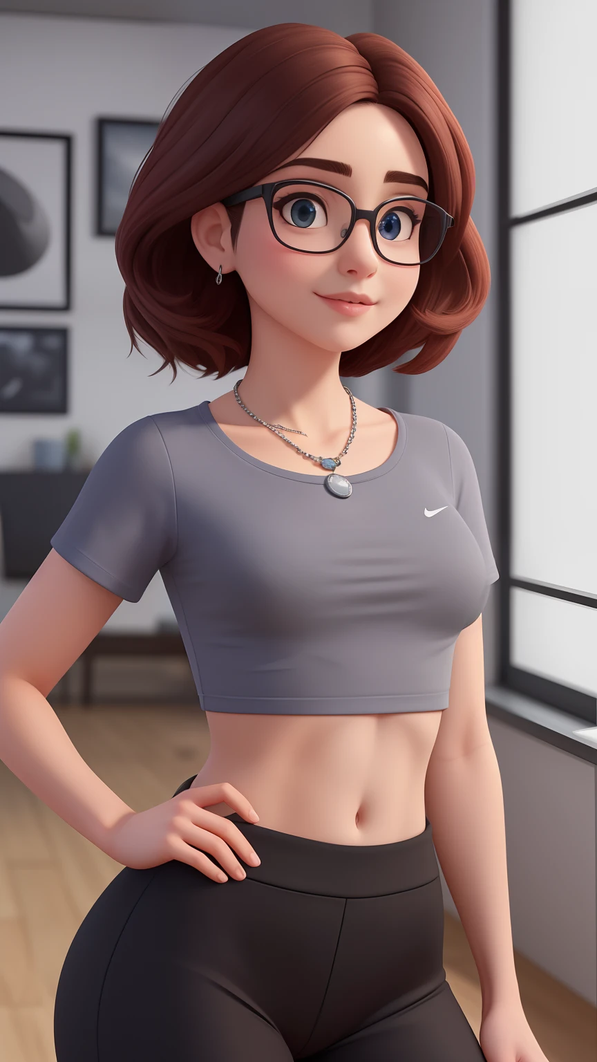 1girl, european girl, the bun hairstyle, light-brown hair, cute face, average breast, embarrassment, oversized black t-shirt,white pantyhose, without lengire, standing, school gym, school, realistic, source_realictic, deatiling painting, brown eyes, detailing body, camel toe, transparent pants, glasses