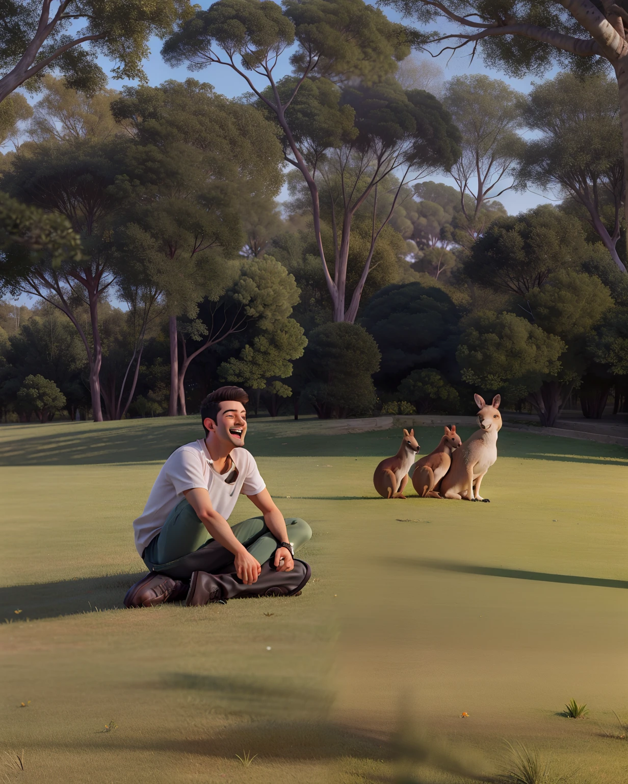 Bruno, a 29-year-old man, sitting on a very green lawn and with kangaroos behind, showing his happiness for the first time seeing a kangaroo