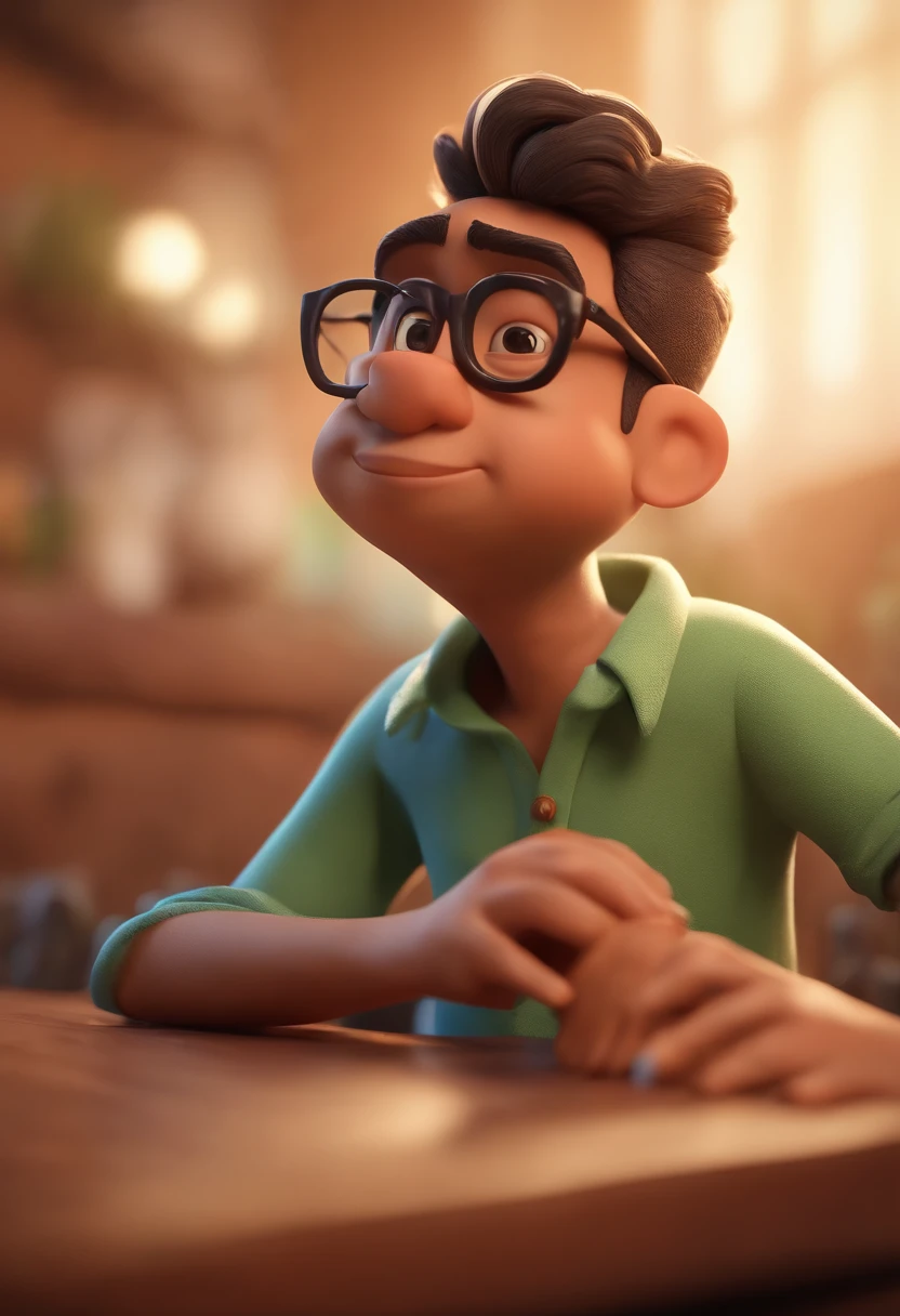 Cartoon character of a man with black glasses, cabelo cacheado marrom escuro e uma camisa azul, animation character, Caractere estilizado, animation style rendering, 3D estilizado, Arnold Maya render, 3 d render stylized, toon render keyshot, Personagem 3D, Personagem 3D, 3d rendering stylized, 3 d character render, personagem de desenho animado, Personagem de close up, Pose de personagem, (Estilo Pixar) (master part:1.2) (Bokeh) (best quality) (pele detalhada) (textura detalhada) (8k) (argila) (Cinematic lighting) (foco nítido